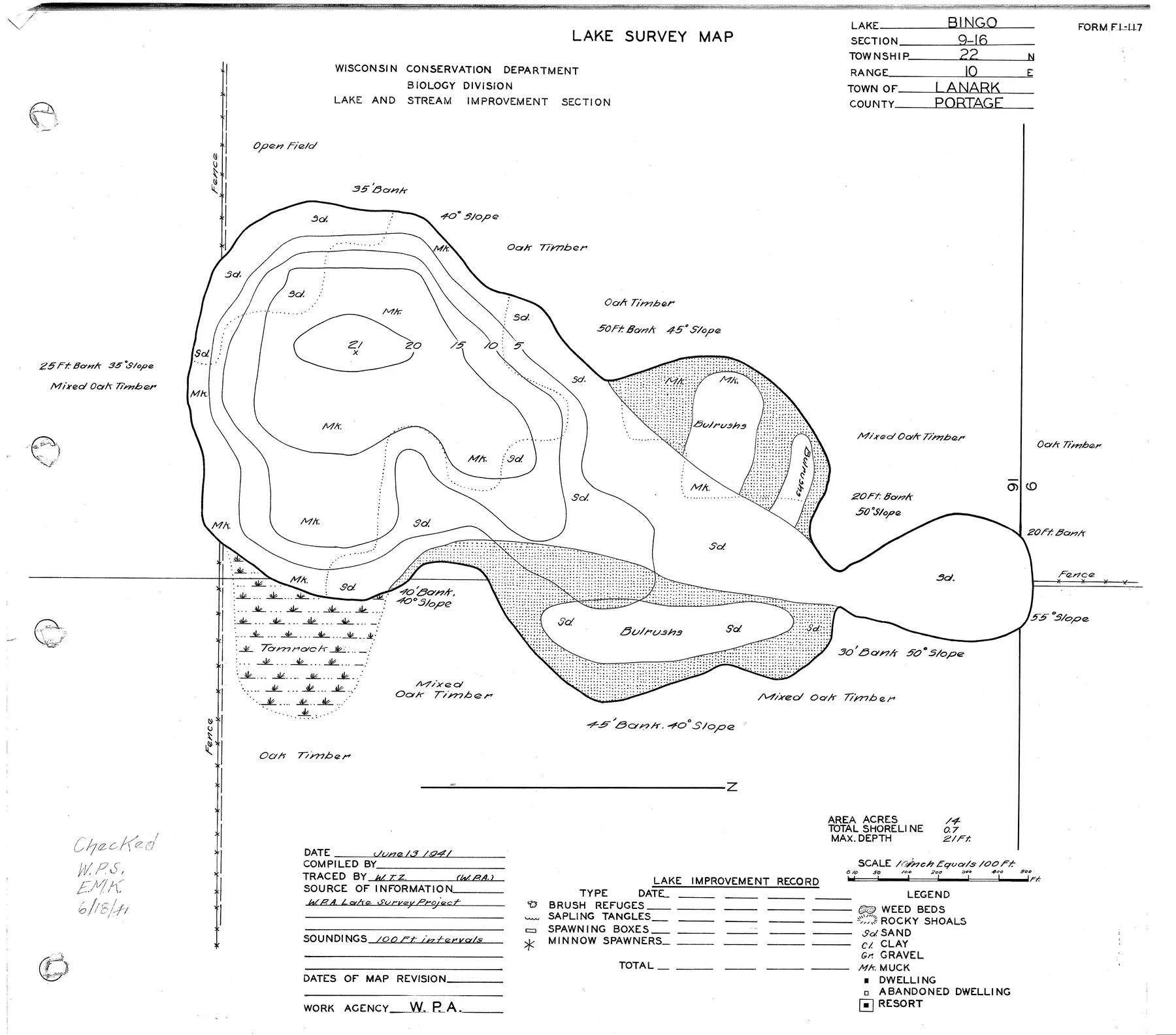 Lake Bingo historical Wisconsin DNR depth map sheet 1