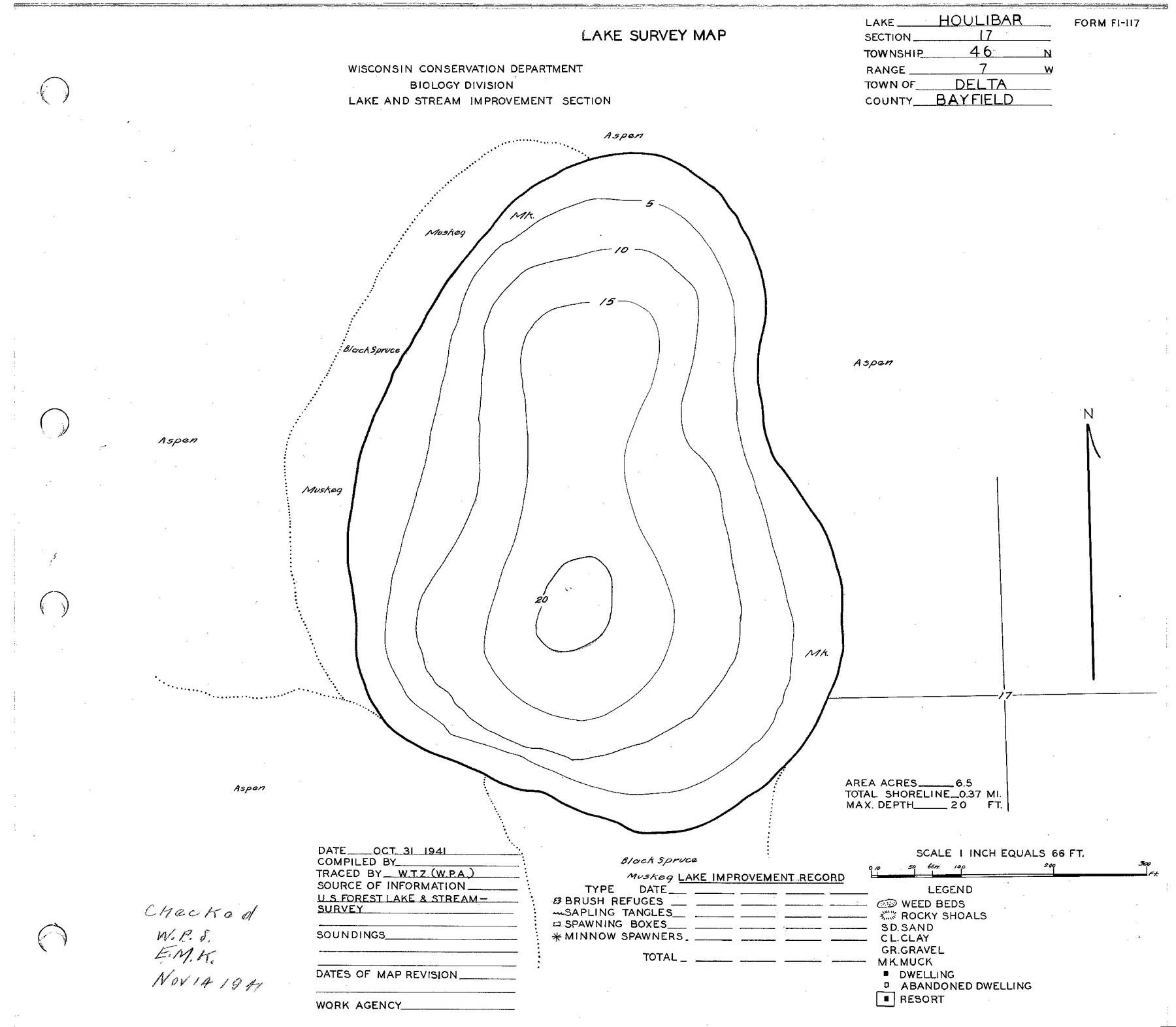 Hollibar Lake historical Wisconsin DNR depth map sheet 1