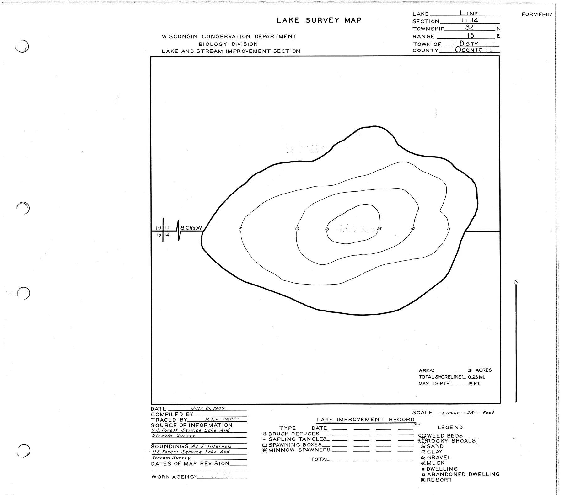Line Lake historical Wisconsin DNR depth map sheet 1