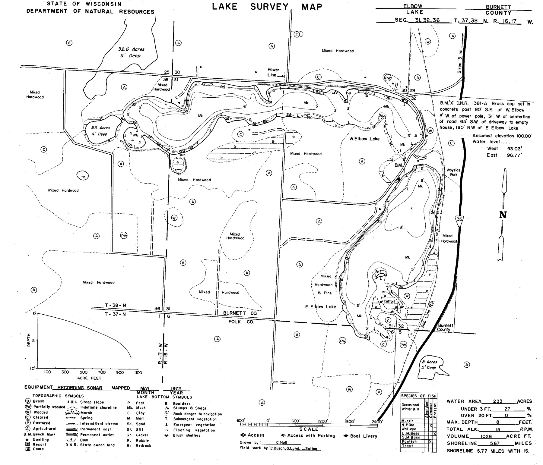 Elbow Lake historical Wisconsin DNR depth map sheet 1