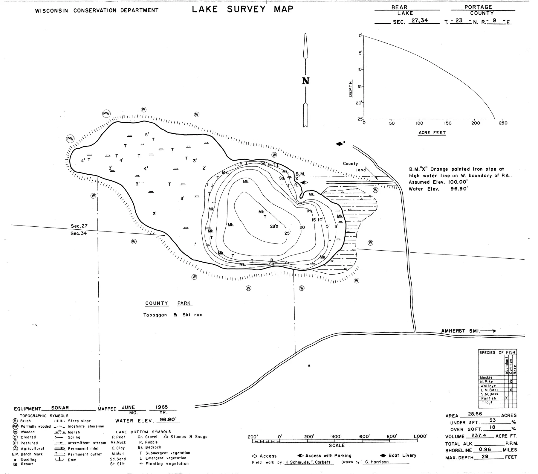 Bear Lake historical Wisconsin DNR depth map sheet 1