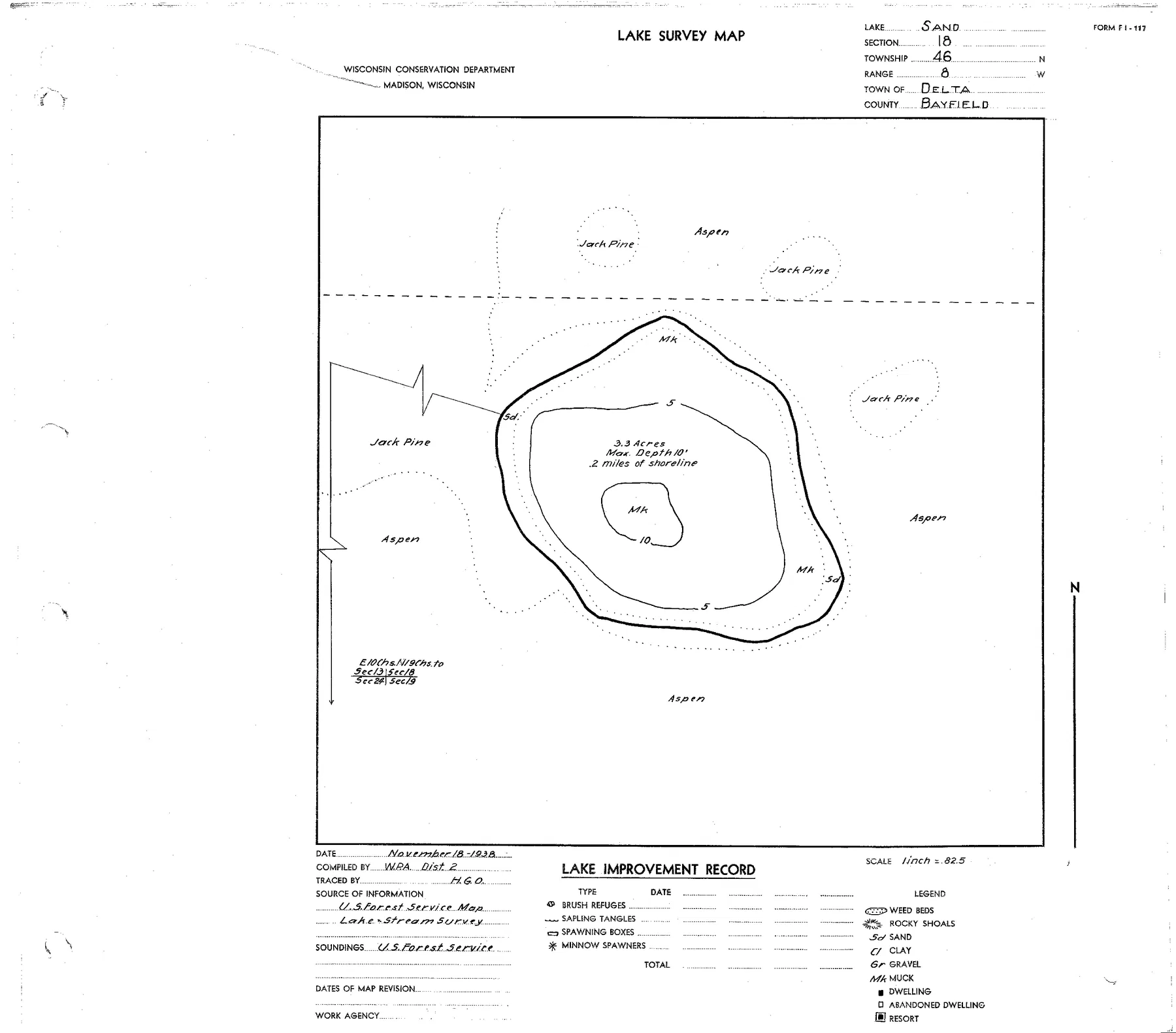 Sand Lake historical Wisconsin DNR depth map sheet 1
