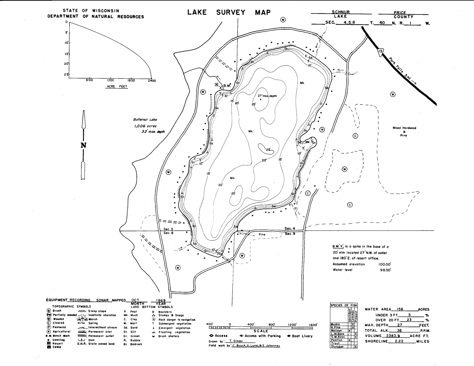 Schnur Lake historical Wisconsin DNR depth map sheet 1