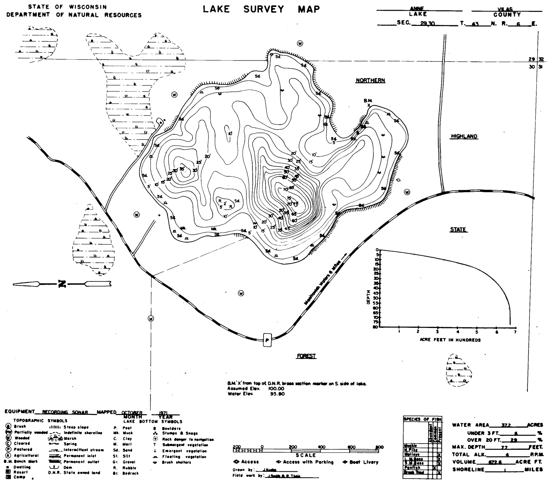 Anne Lake historical Wisconsin DNR depth map sheet 1
