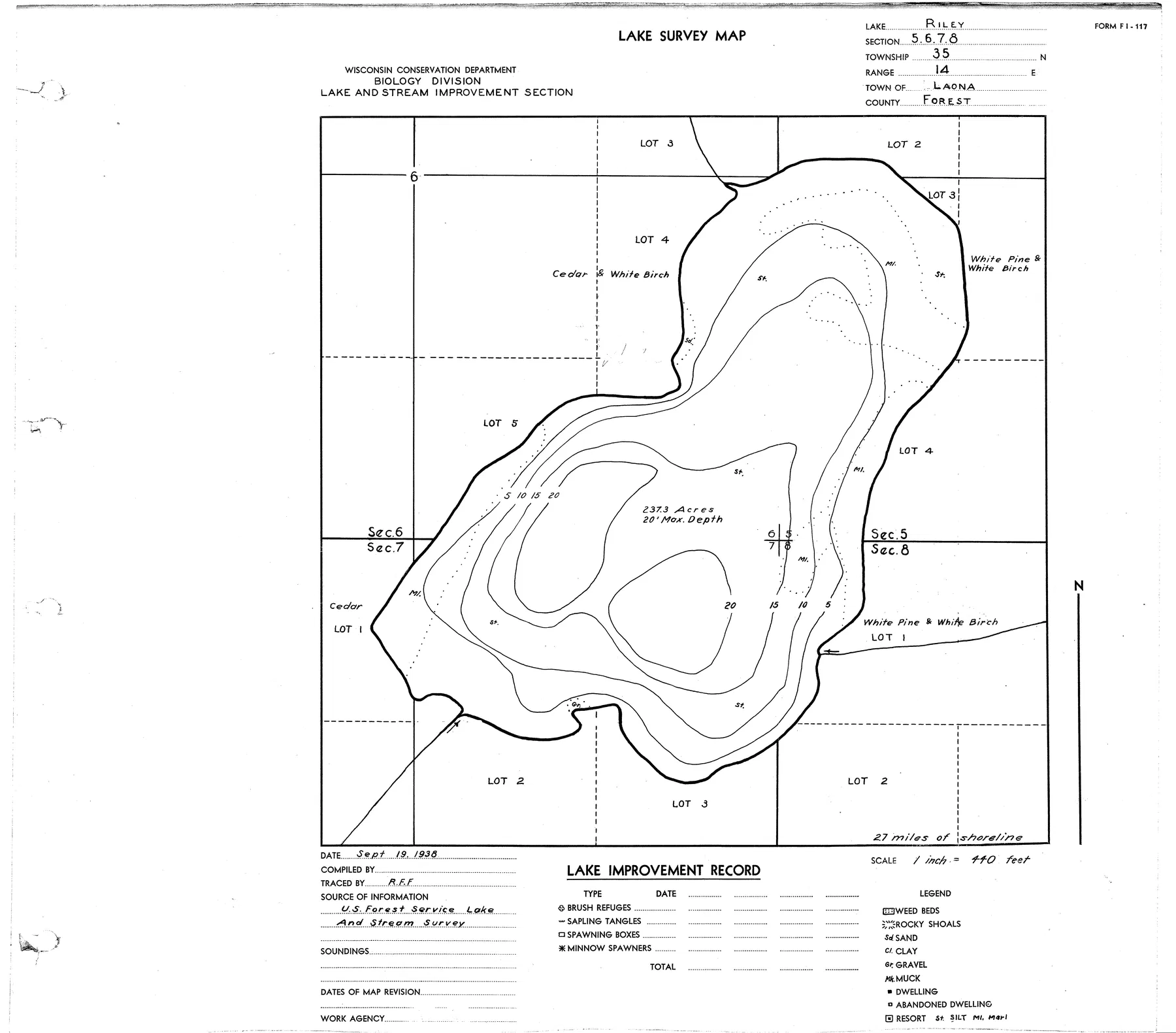 Riley Lake historical Wisconsin DNR depth map sheet 1