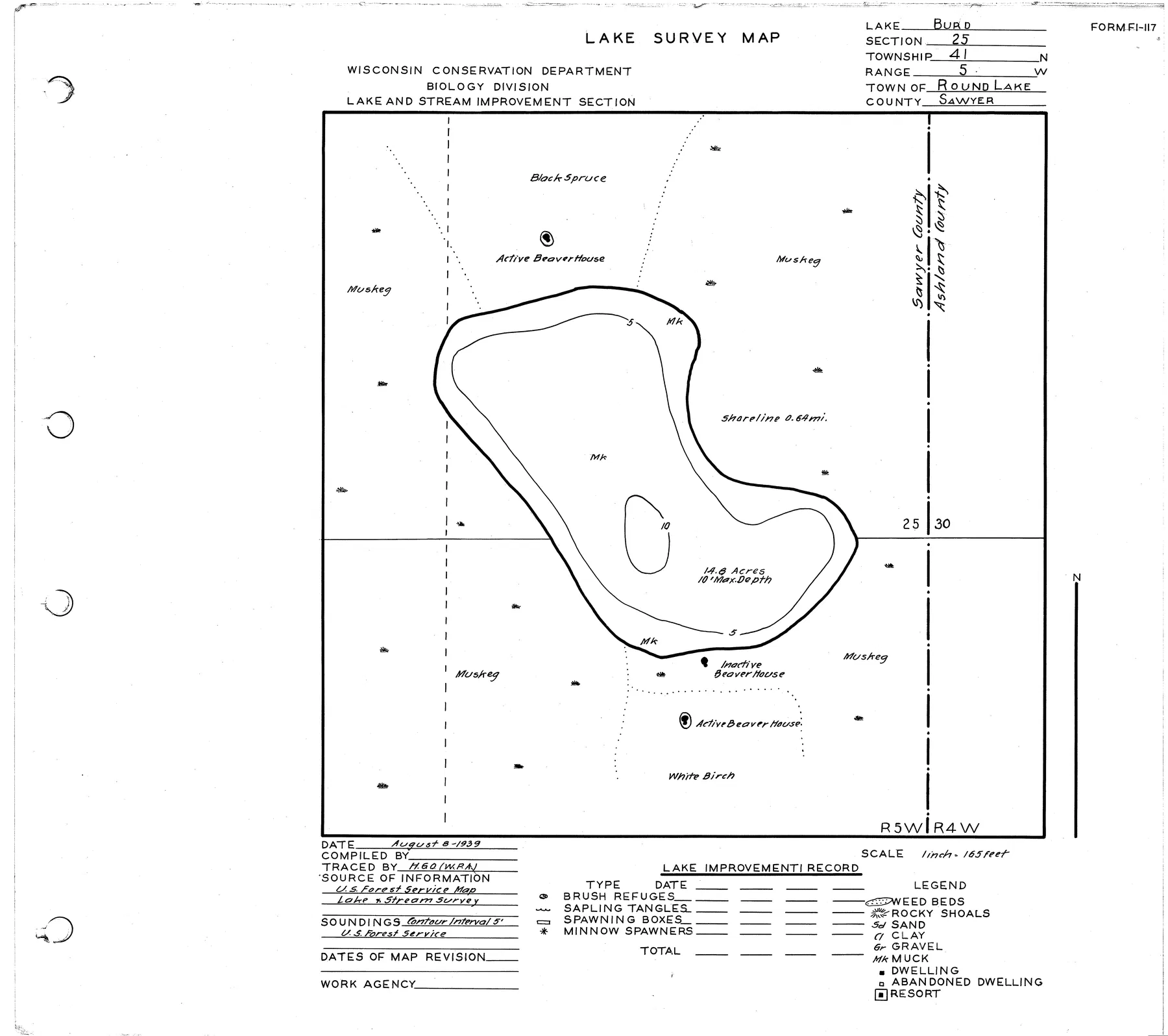 Burd Lake historical Wisconsin DNR depth map sheet 1