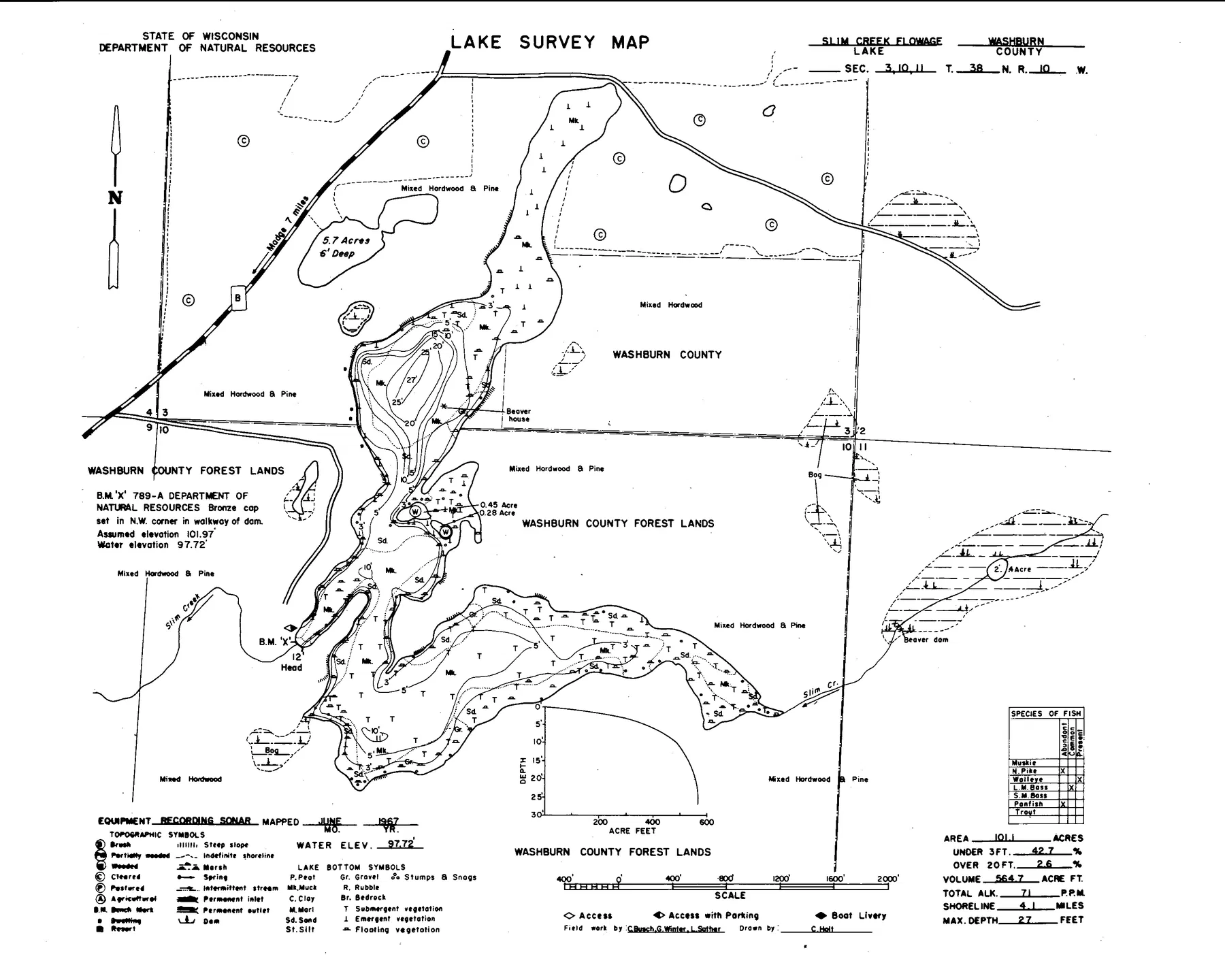 Slim Creek Flowage historical Wisconsin DNR depth map sheet 1