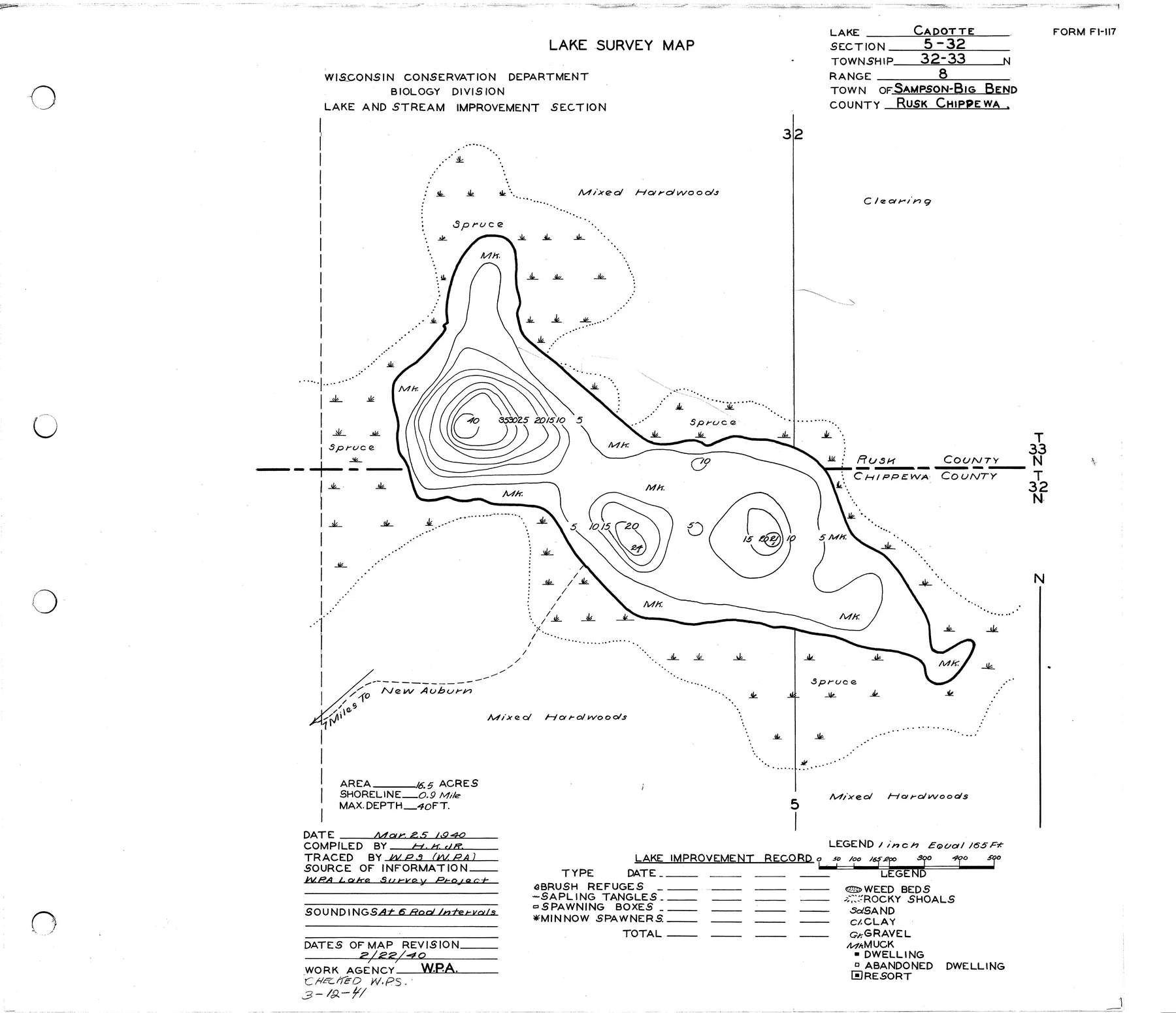 Cadotte Lake historical Wisconsin DNR depth map sheet 1