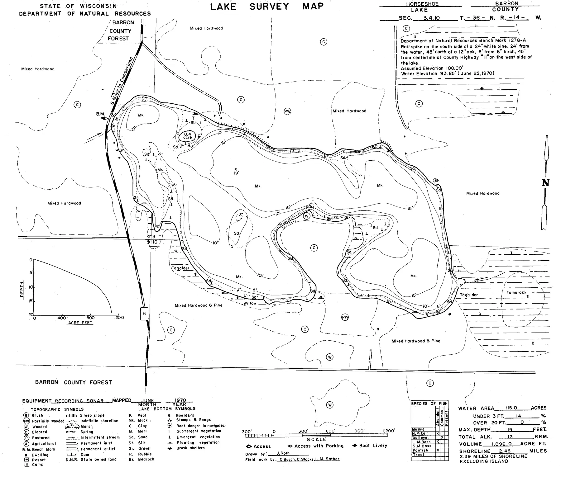 Horseshoe Lake historical Wisconsin DNR depth map sheet 1