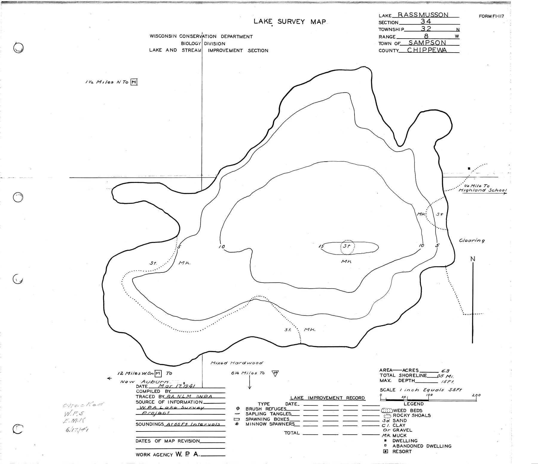 Rassmusson Lake historical Wisconsin DNR depth map sheet 1