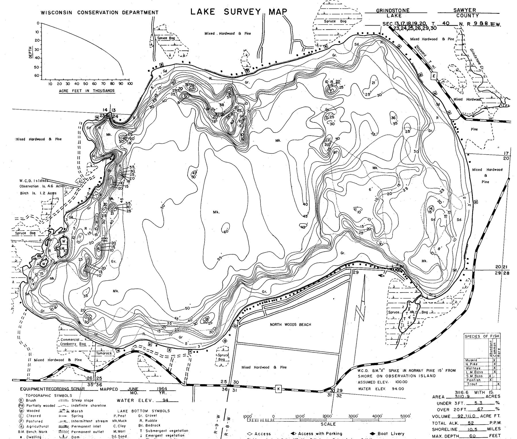 Grindstone Lake historical Wisconsin DNR depth map sheet 1
