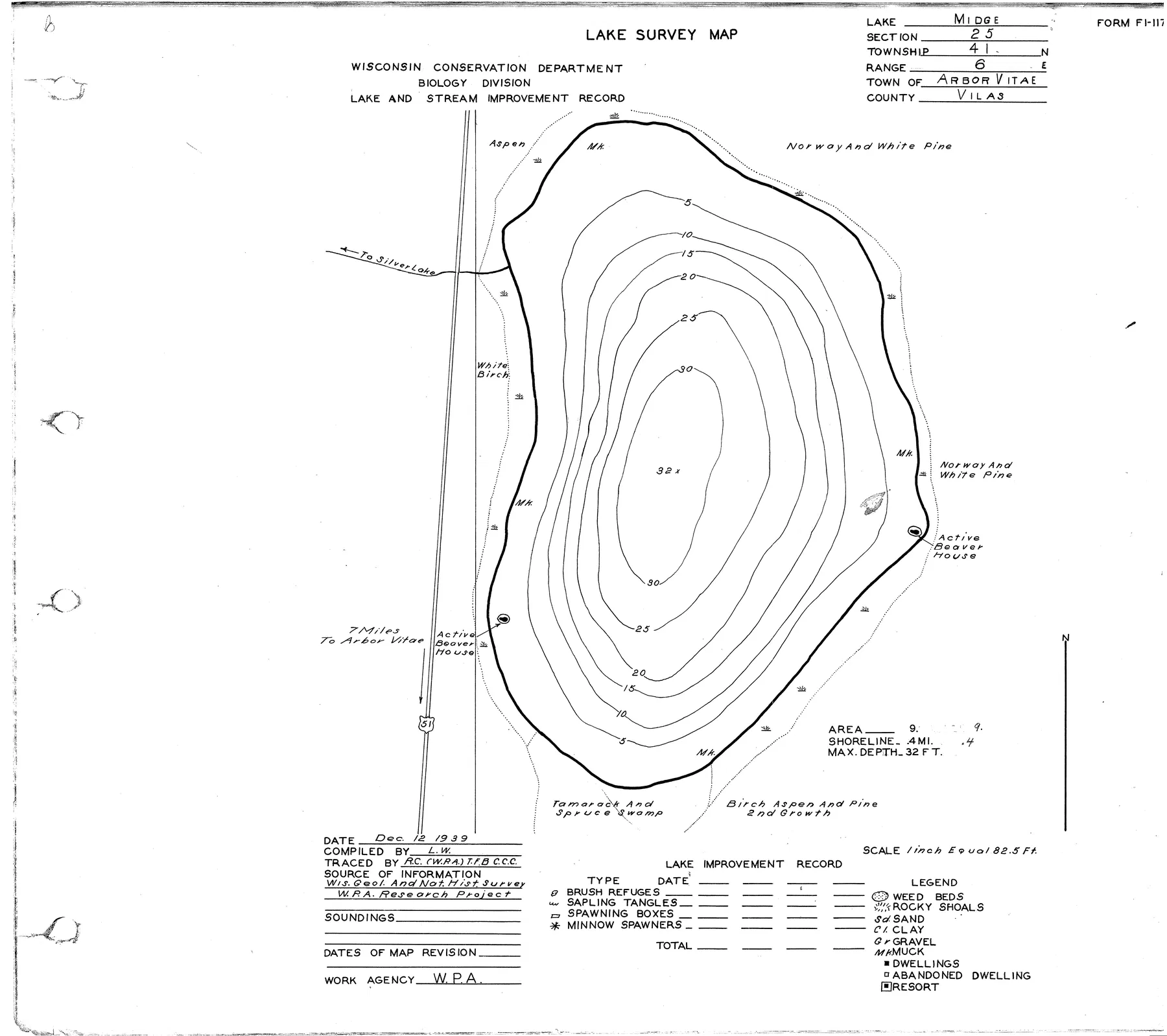 Midge Lake historical Wisconsin DNR depth map sheet 1