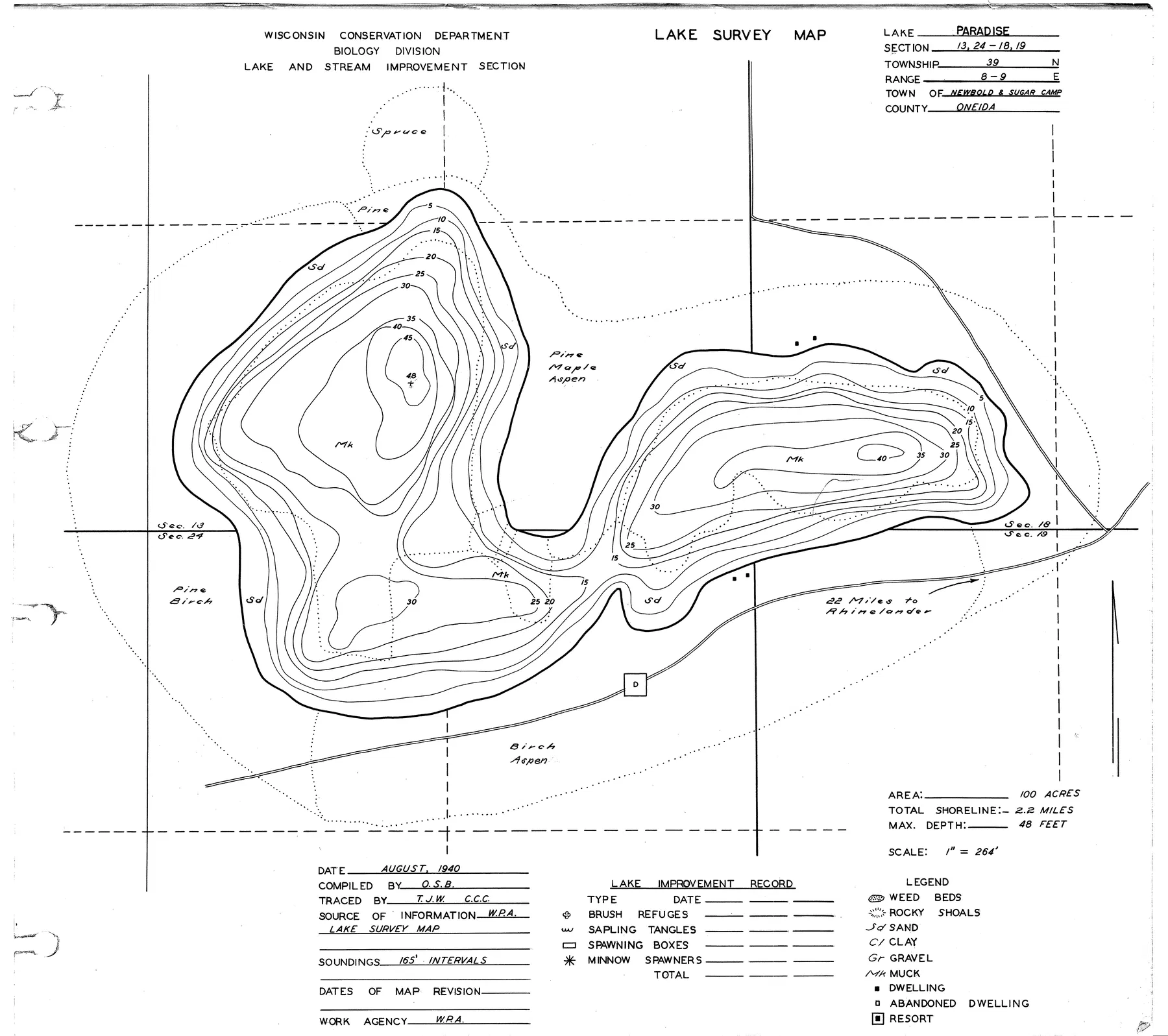 Paradise Lake historical Wisconsin DNR depth map sheet 1