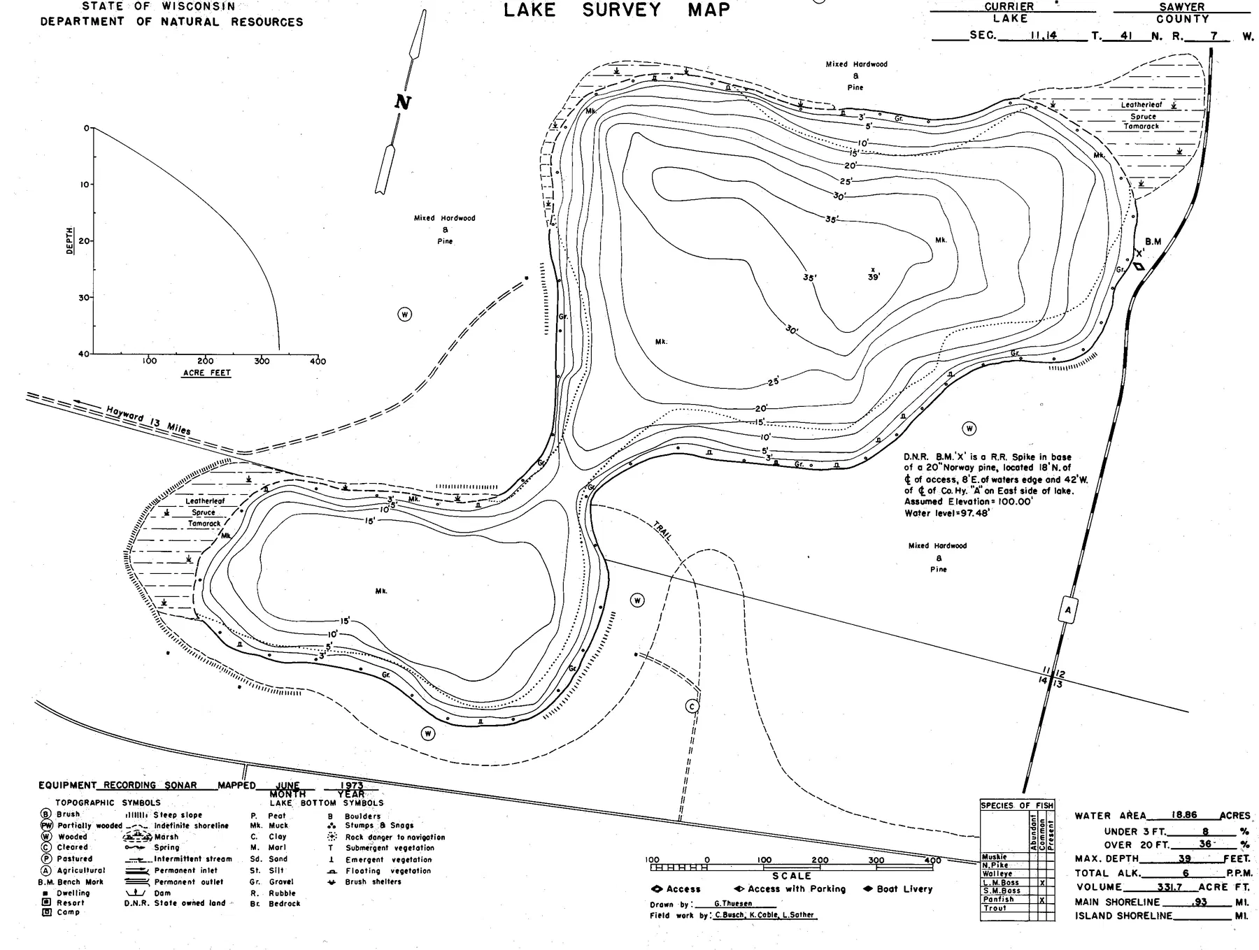 Currier Lake historical Wisconsin DNR depth map sheet 1
