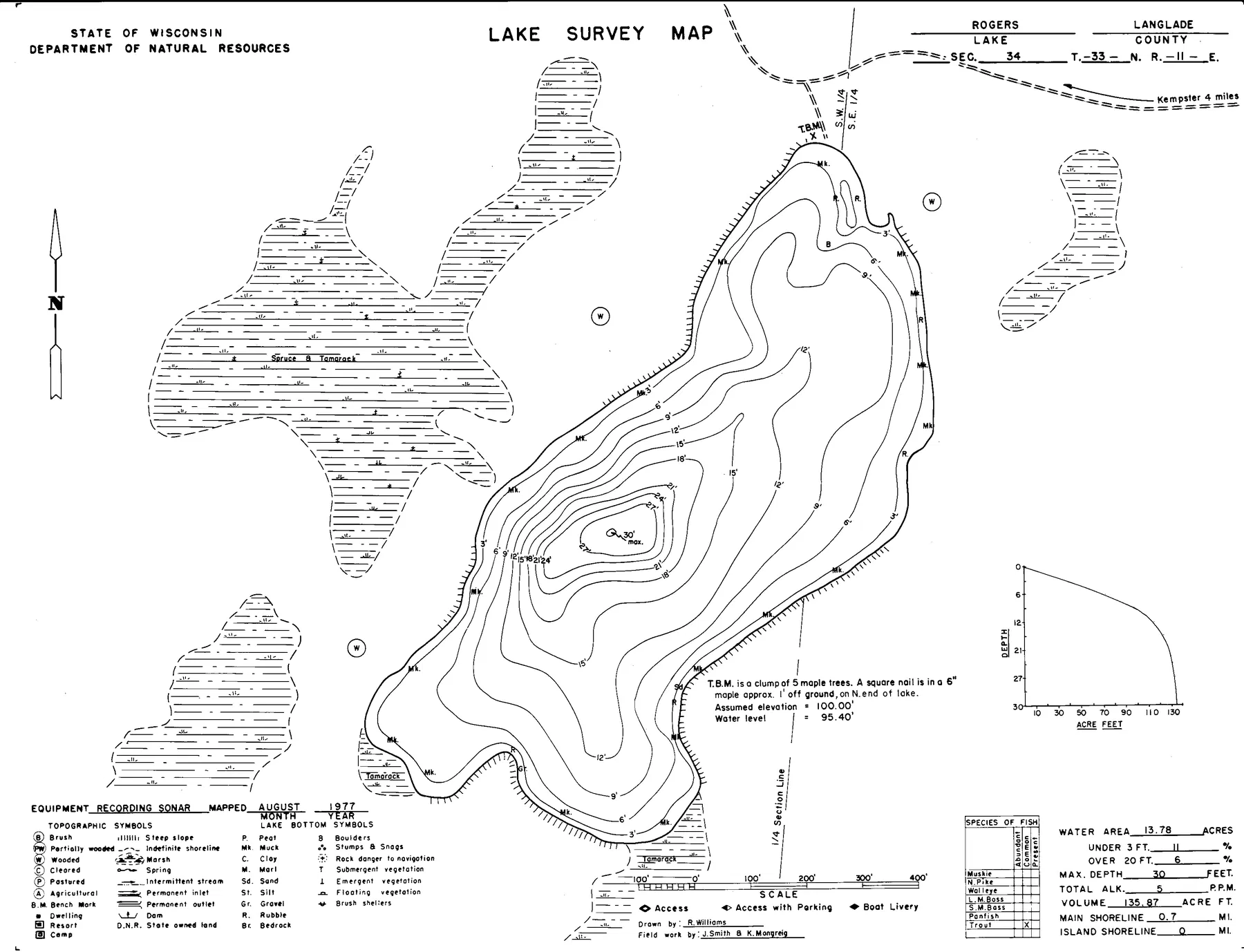 Rogers Lake historical Wisconsin DNR depth map sheet 1
