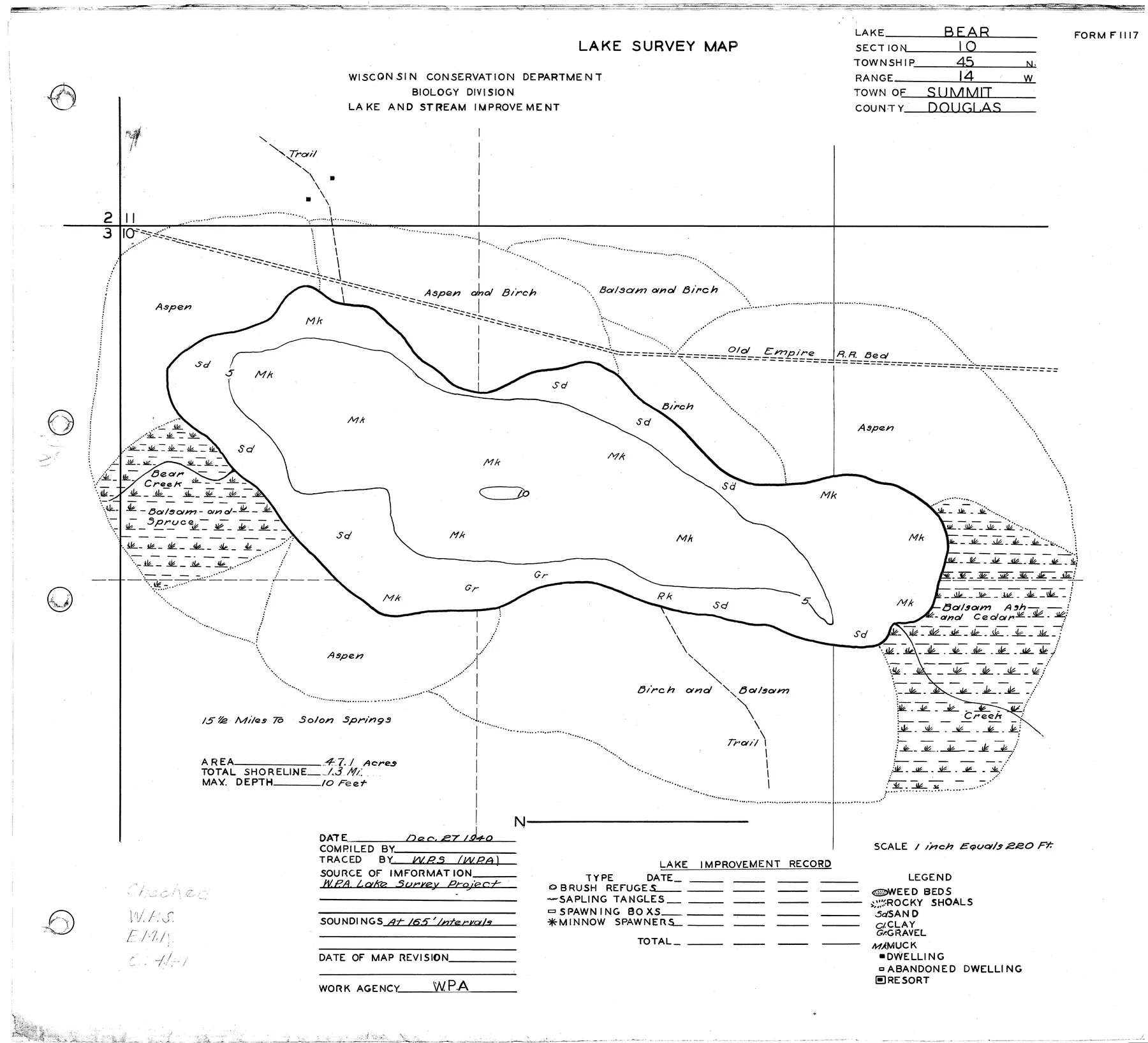 Bear Lake historical Wisconsin DNR depth map sheet 1