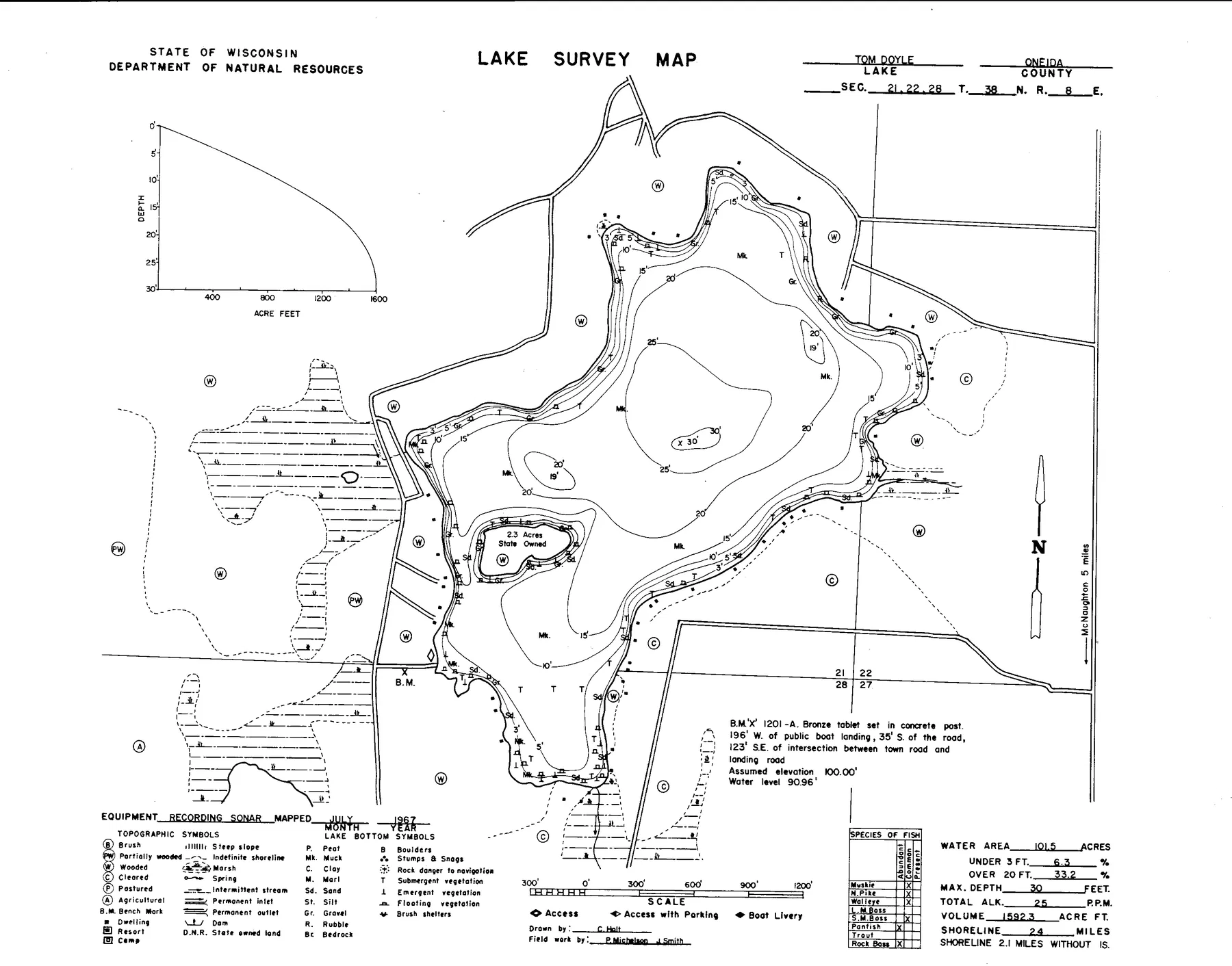 Tom Doyle Lake historical Wisconsin DNR depth map sheet 1