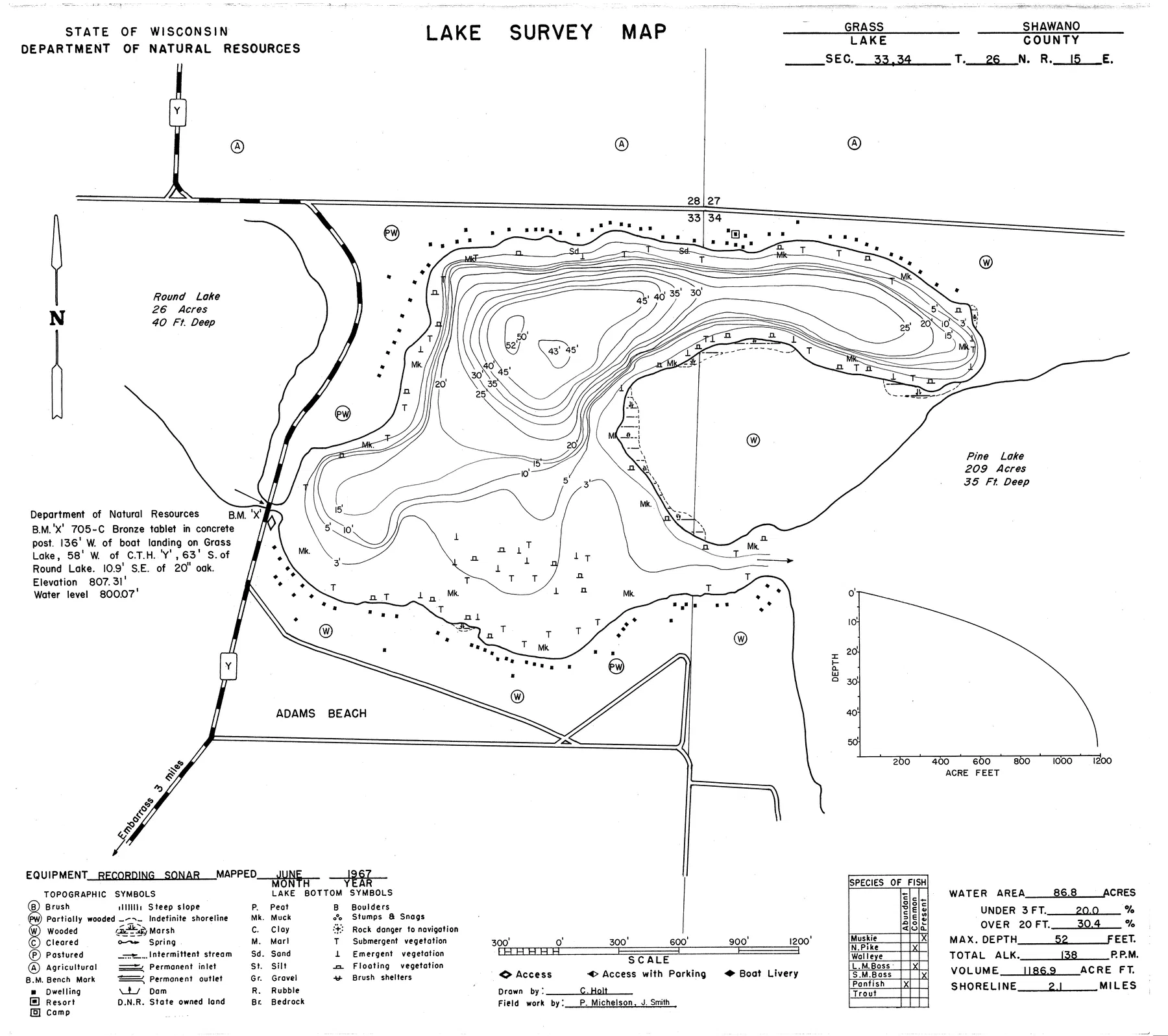 Grass Lake historical Wisconsin DNR depth map sheet 1