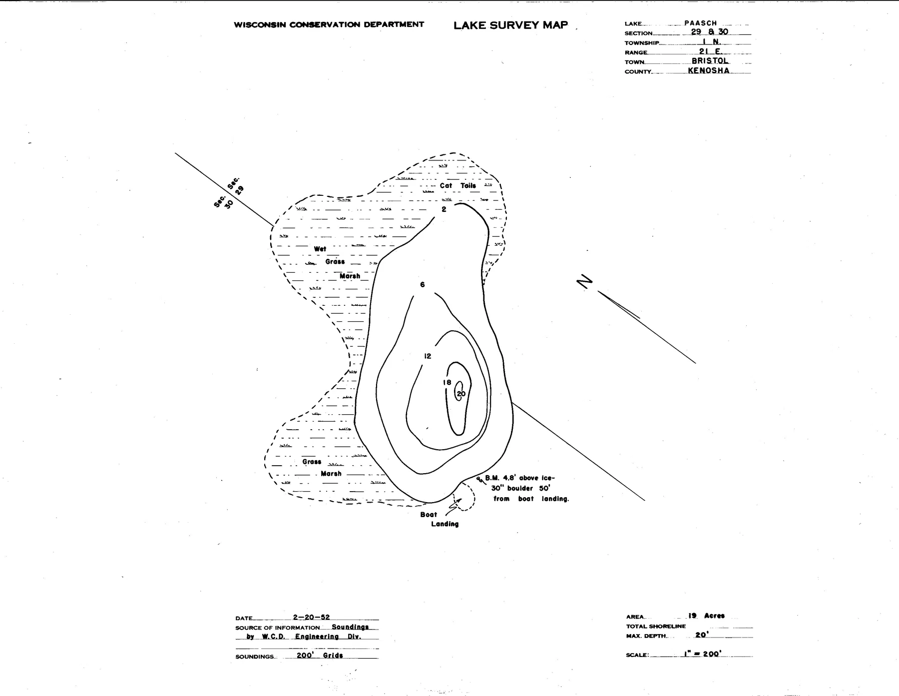 Paasch Lake historical Wisconsin DNR depth map sheet 1