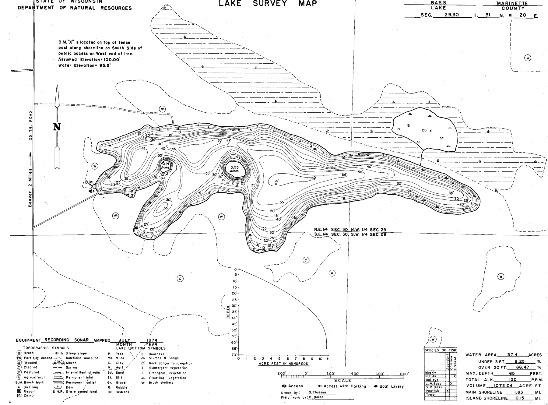 Bass Lake historical Wisconsin DNR depth map sheet 1
