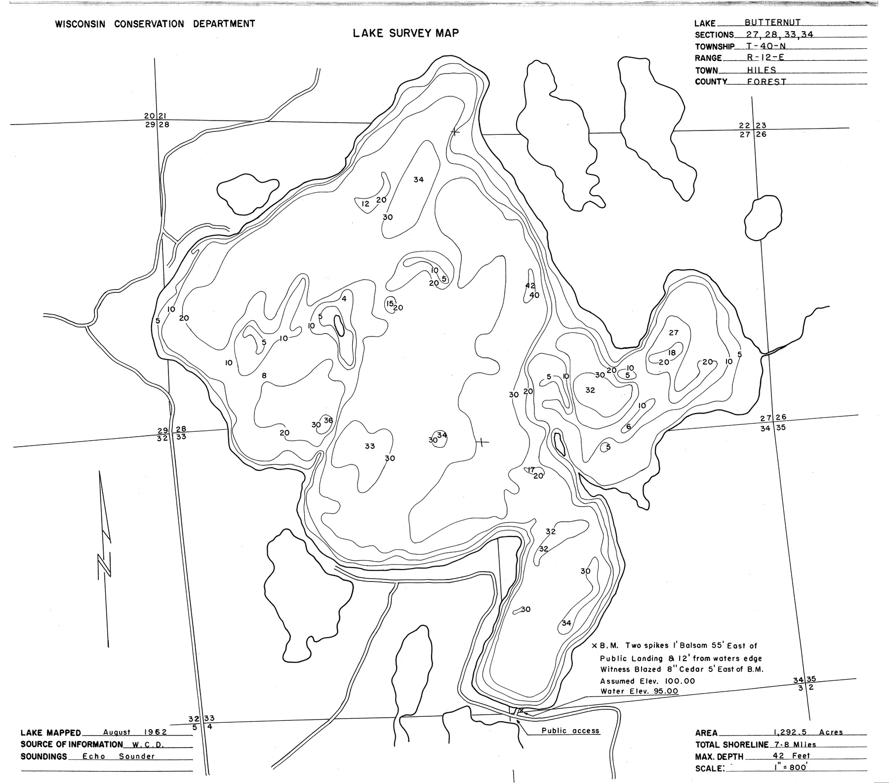 Butternut Lake historical Wisconsin DNR depth map sheet 1