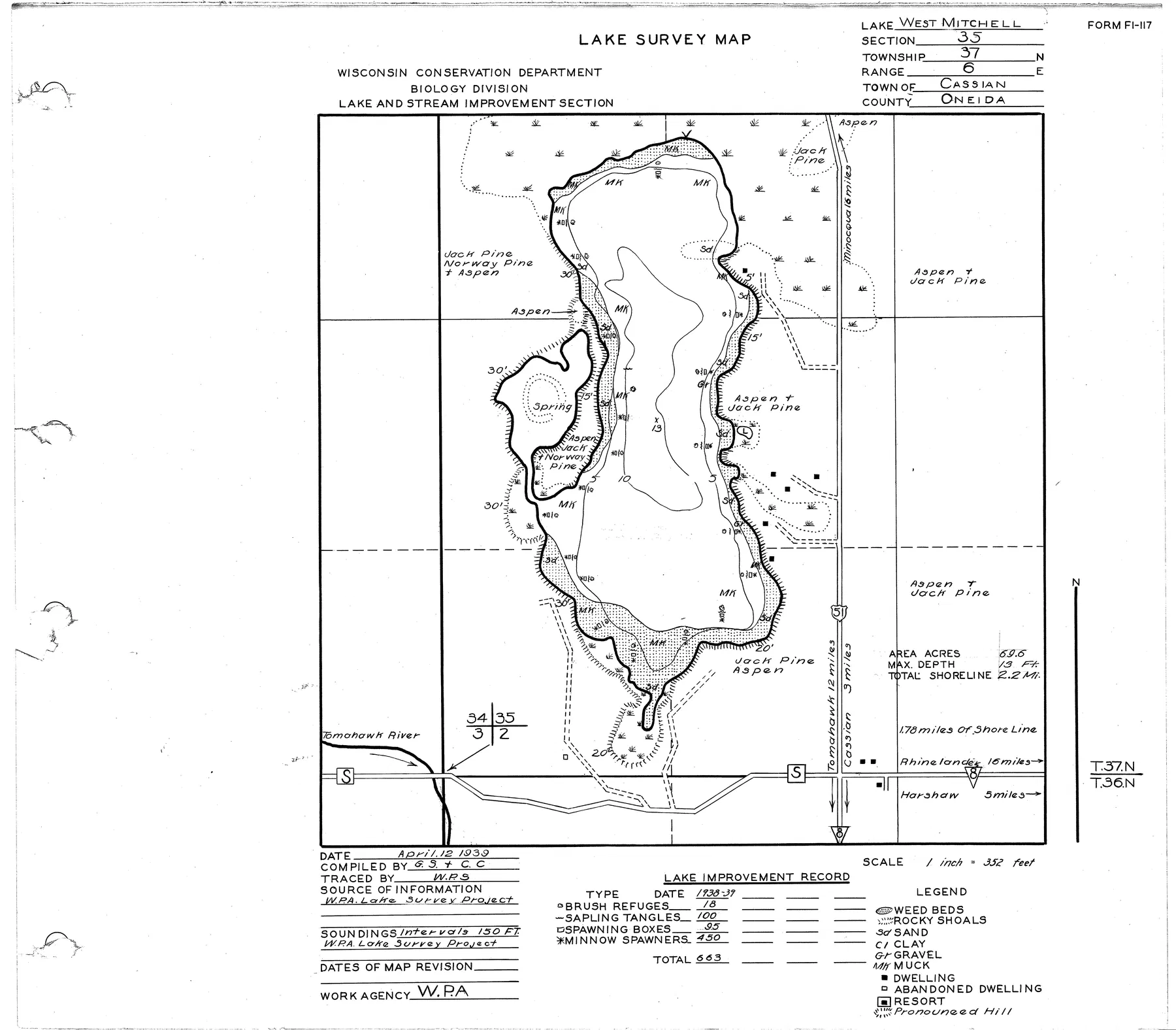 West Mitchell Lake historical Wisconsin DNR depth map sheet 1
