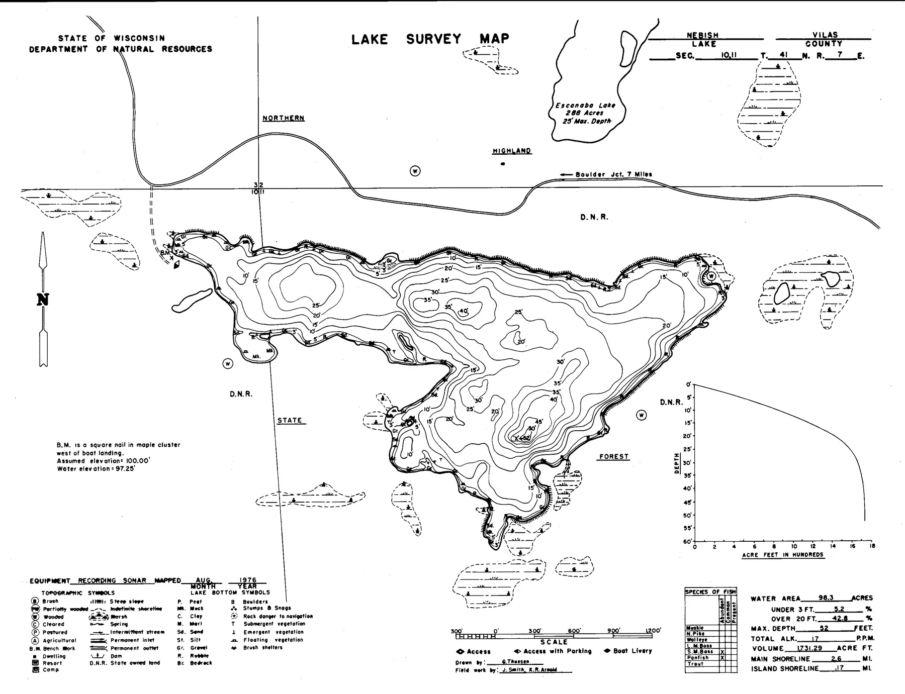 Nebish Lake historical Wisconsin DNR depth map sheet 1