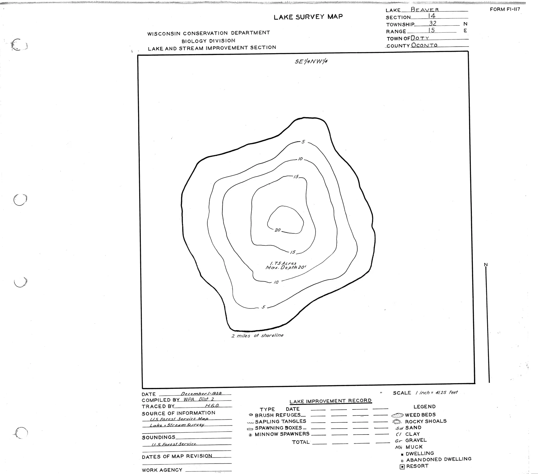 Beaver Lake historical Wisconsin DNR depth map sheet 1