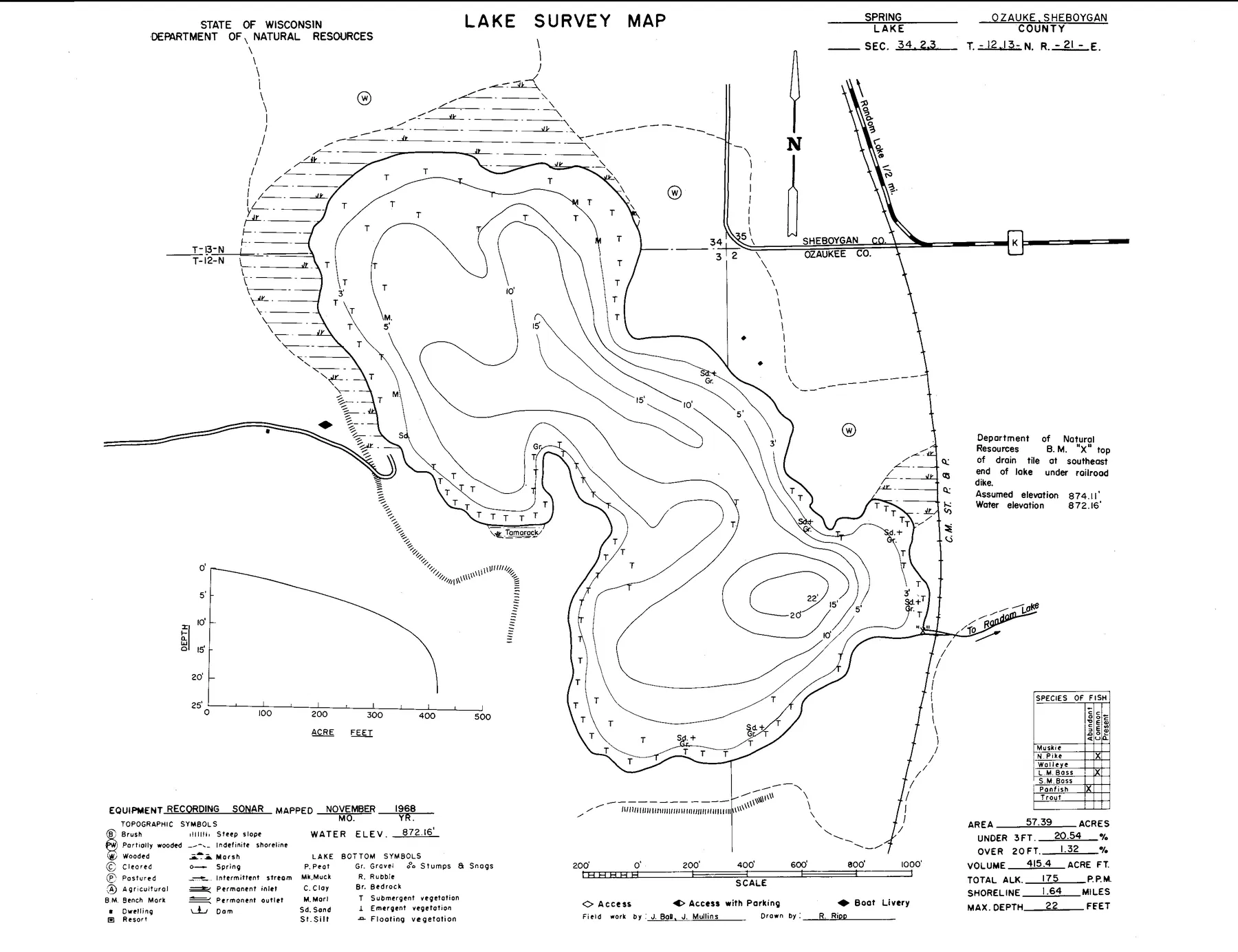 Spring Lake historical Wisconsin DNR depth map sheet 1