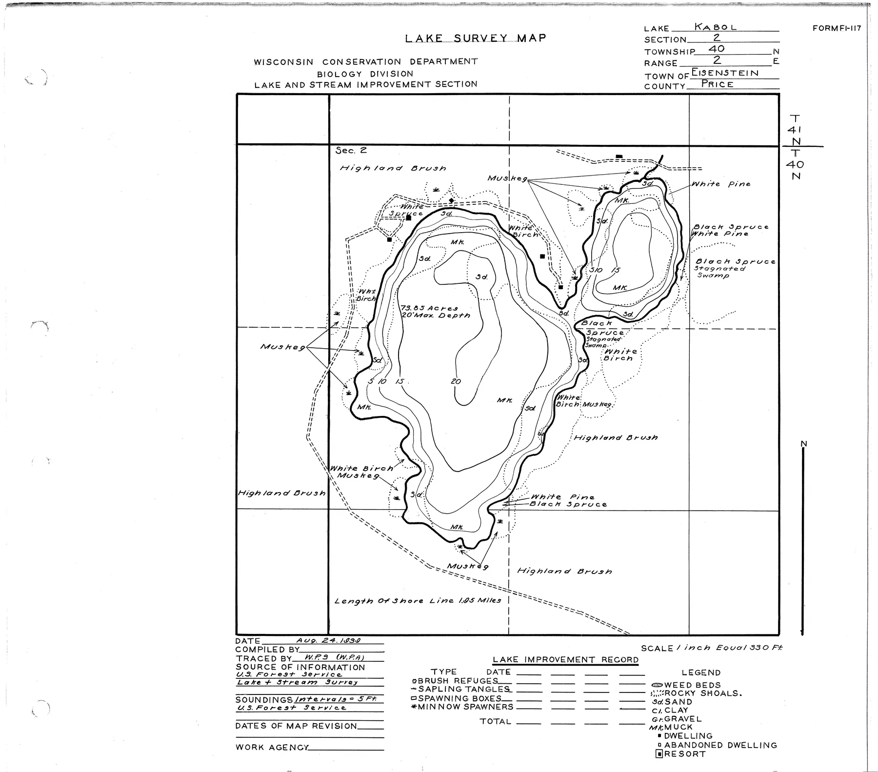 Kabol Lake historical Wisconsin DNR depth map sheet 1
