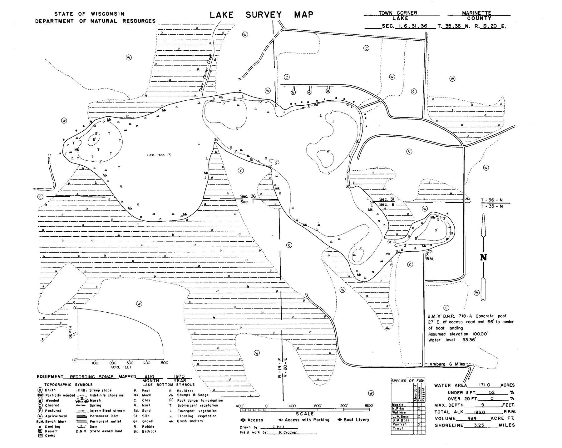 Town Corner Lake historical Wisconsin DNR depth map sheet 1