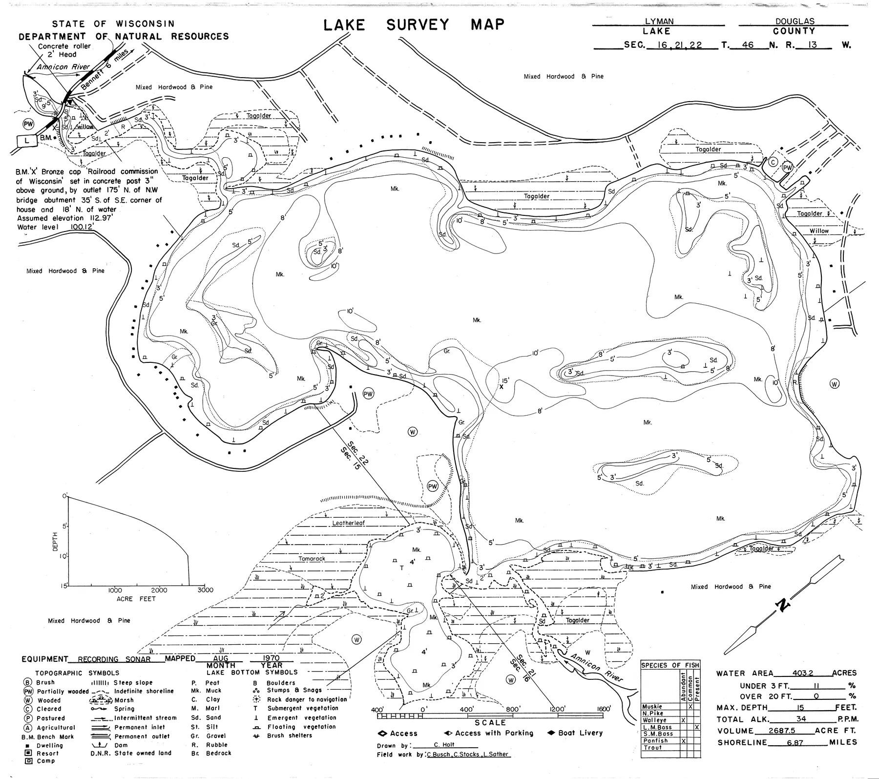 Lyman Lake historical Wisconsin DNR depth map sheet 1