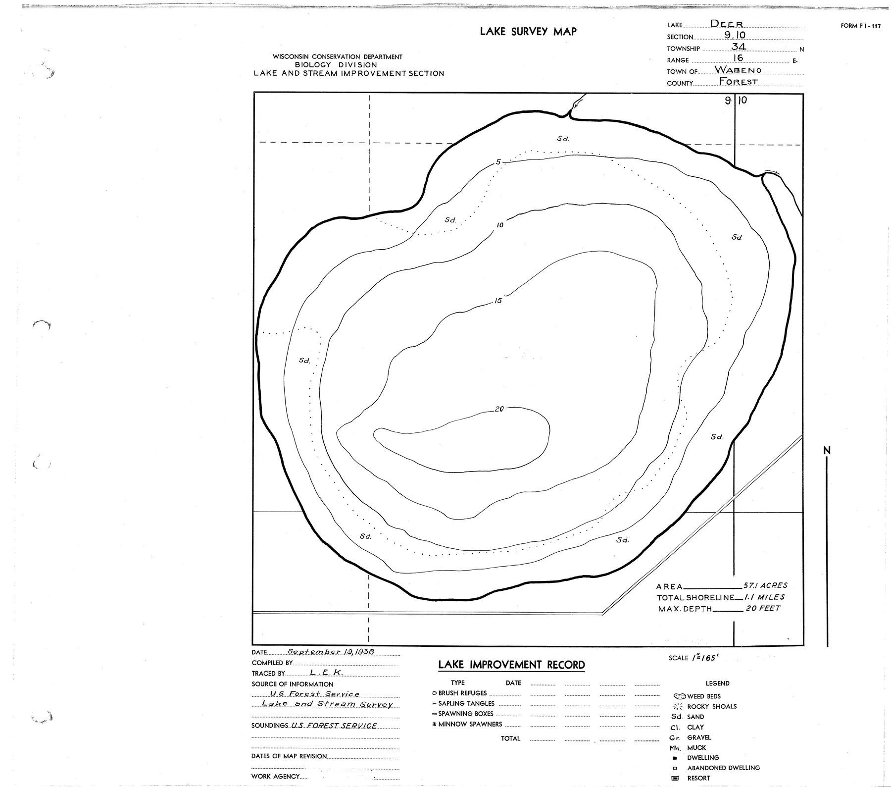 Deer Lake historical Wisconsin DNR depth map sheet 1
