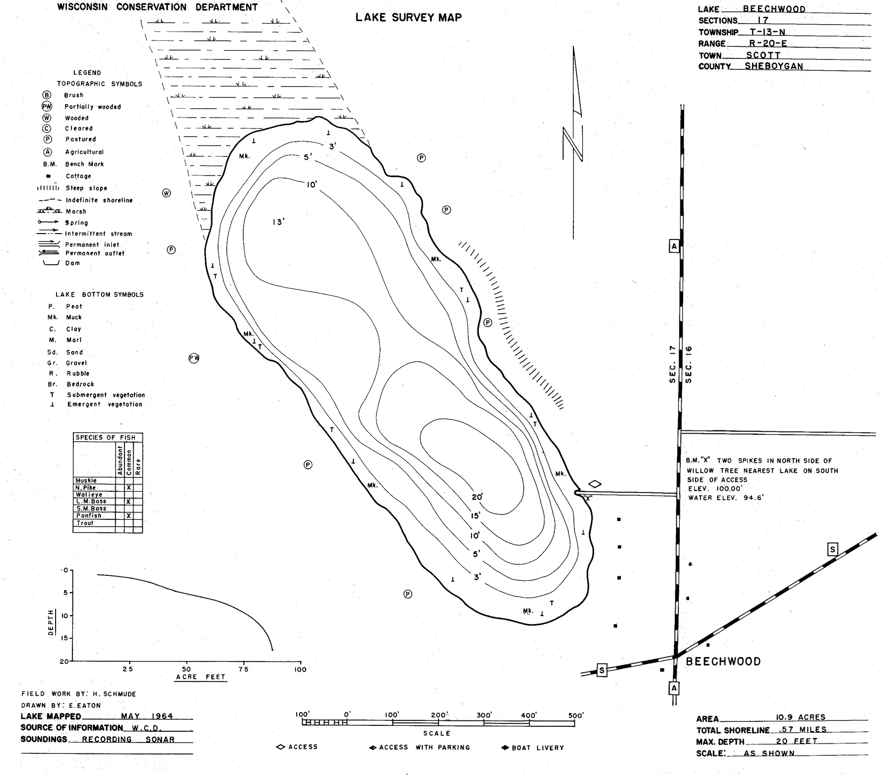 Beechwood Lake historical Wisconsin DNR depth map sheet 1