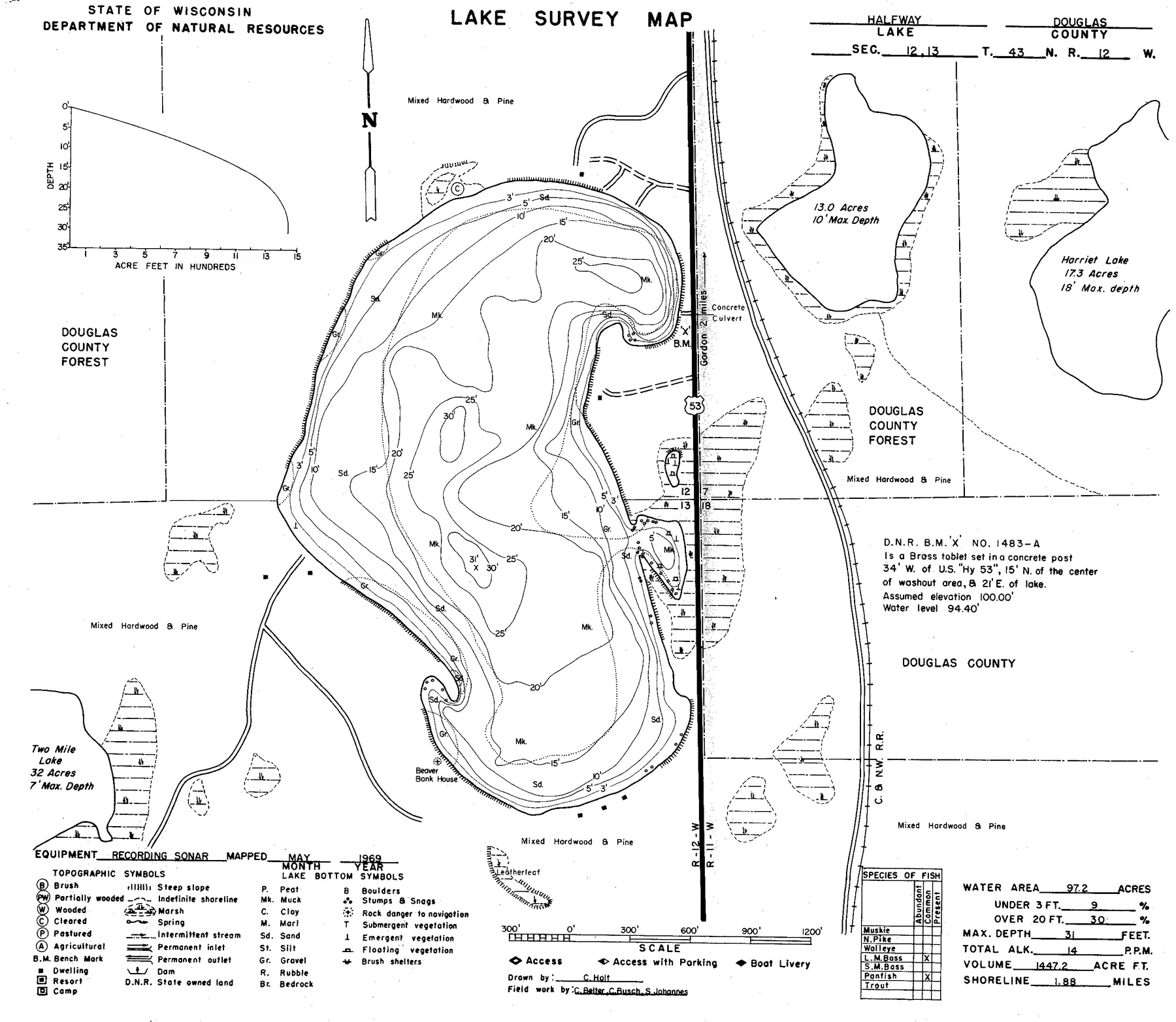 Two Mile Lake historical Wisconsin DNR depth map sheet 1