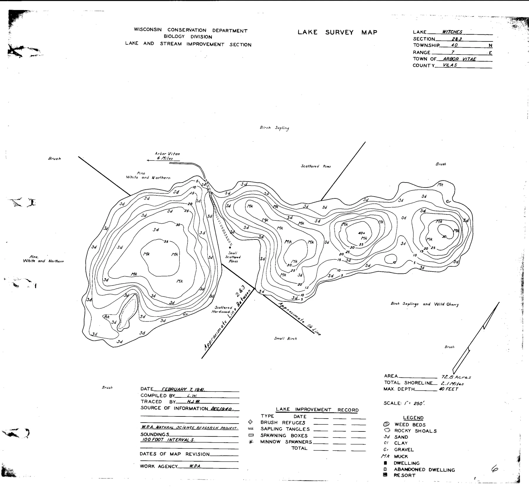 Witches Lake historical Wisconsin DNR depth map sheet 1