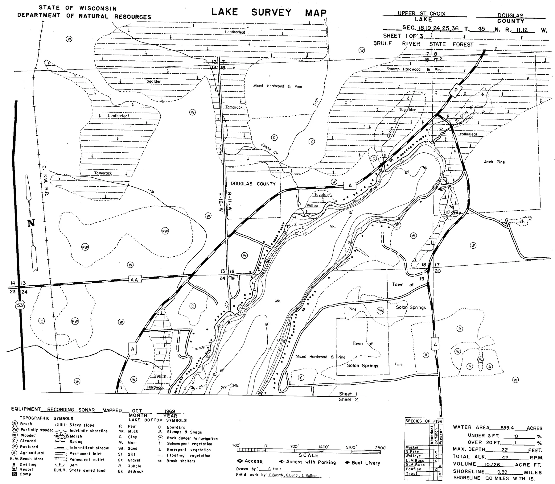Upper Saint Croix Lake historical Wisconsin DNR depth map sheet 1