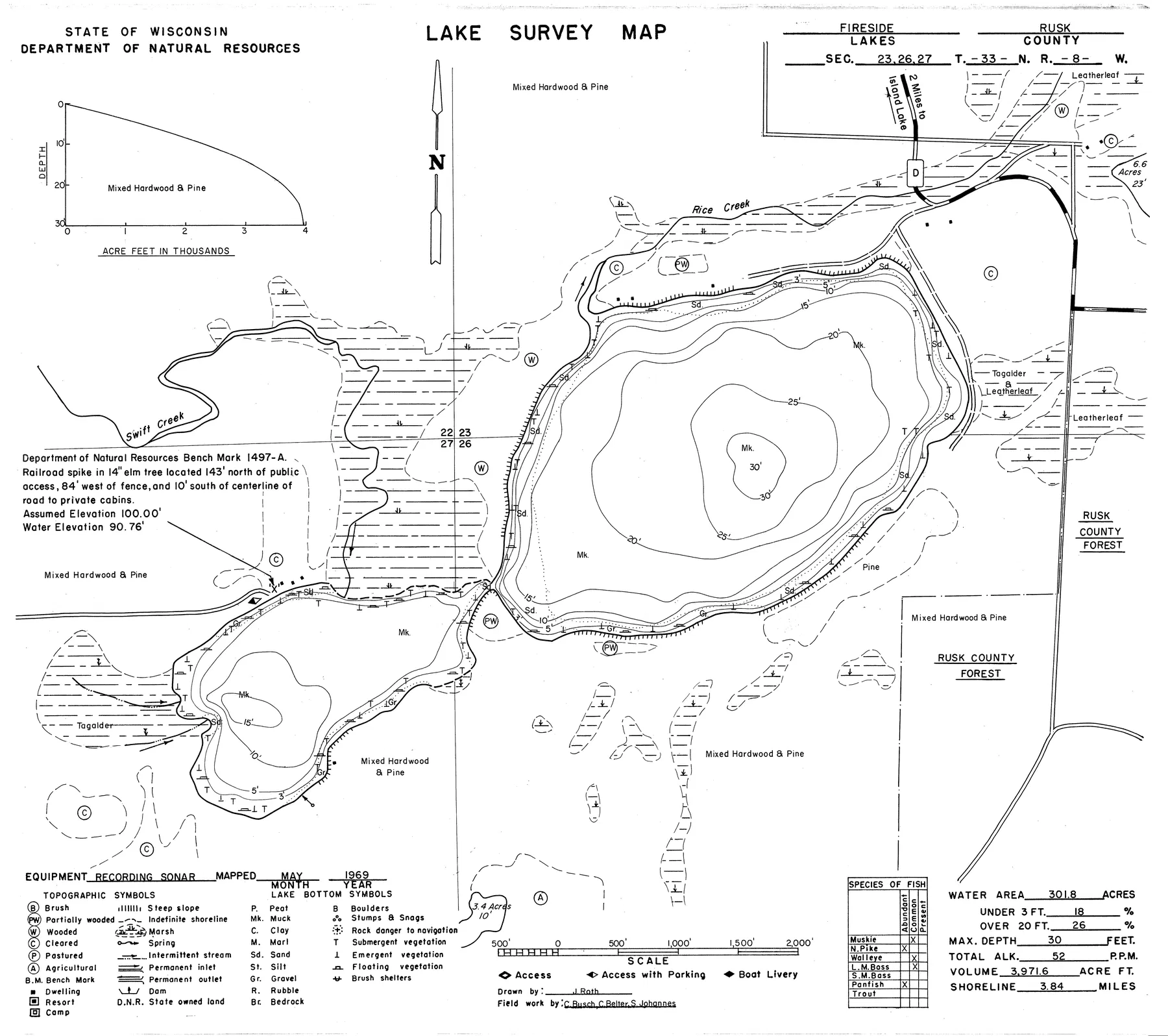 Fireside Lakes historical Wisconsin DNR depth map sheet 1
