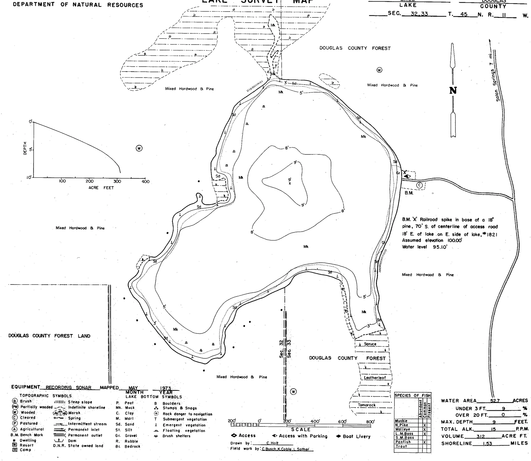 Bass Lake historical Wisconsin DNR depth map sheet 1