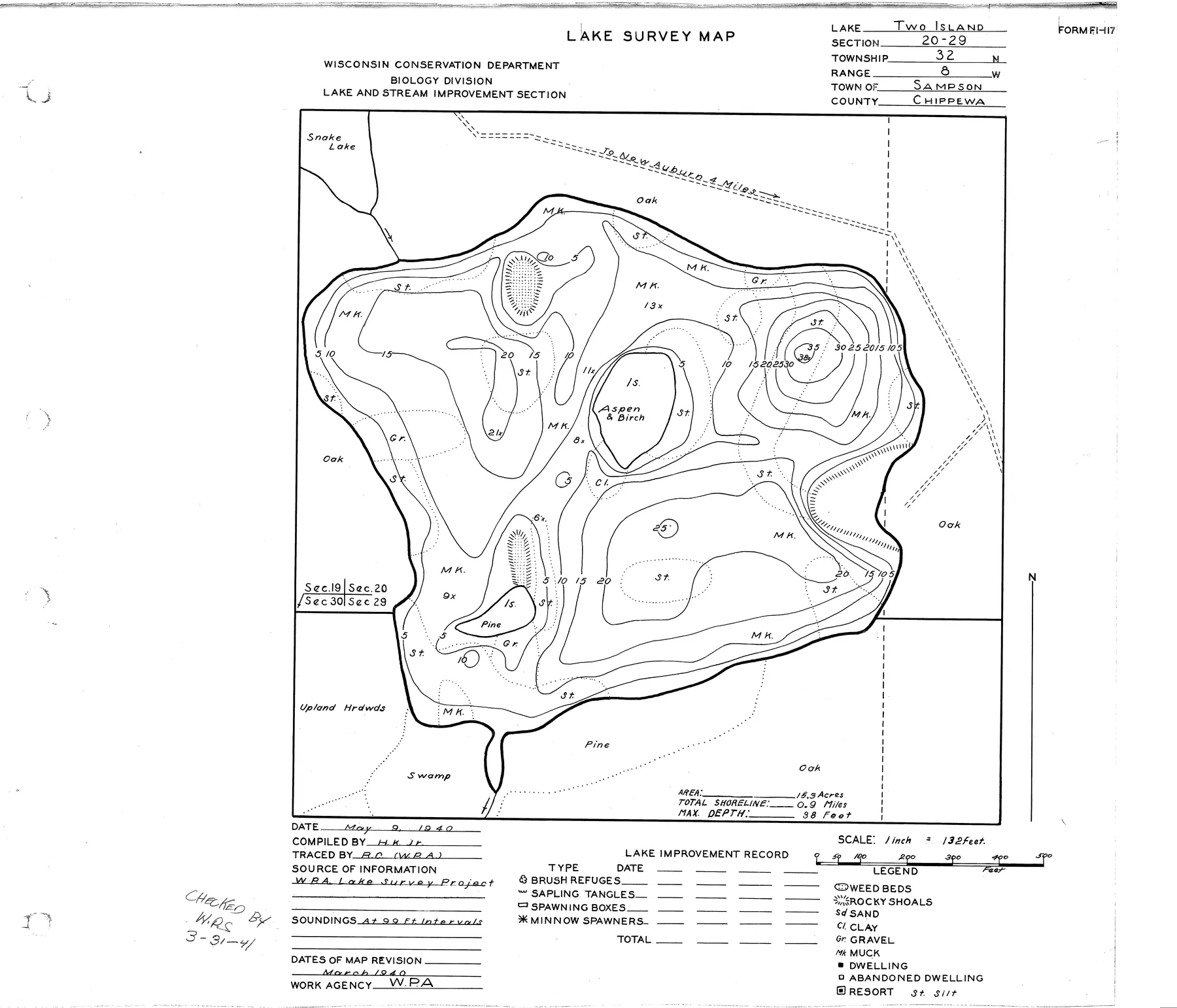 Two Island Lake historical Wisconsin DNR depth map sheet 1