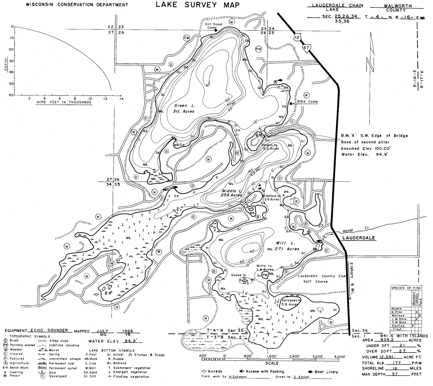 Green Lake historical Wisconsin DNR depth map sheet 1