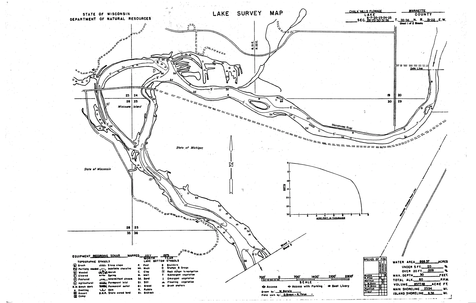 Chalk Hill Flowage historical Wisconsin DNR depth map sheet 1