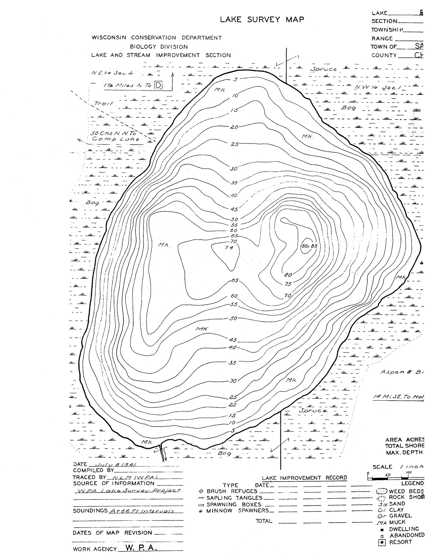 Spence Lake historical Wisconsin DNR depth map sheet 2