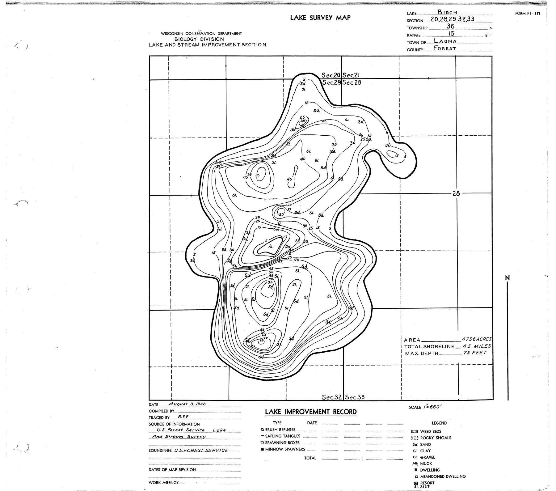 Birch Lake historical Wisconsin DNR depth map sheet 1