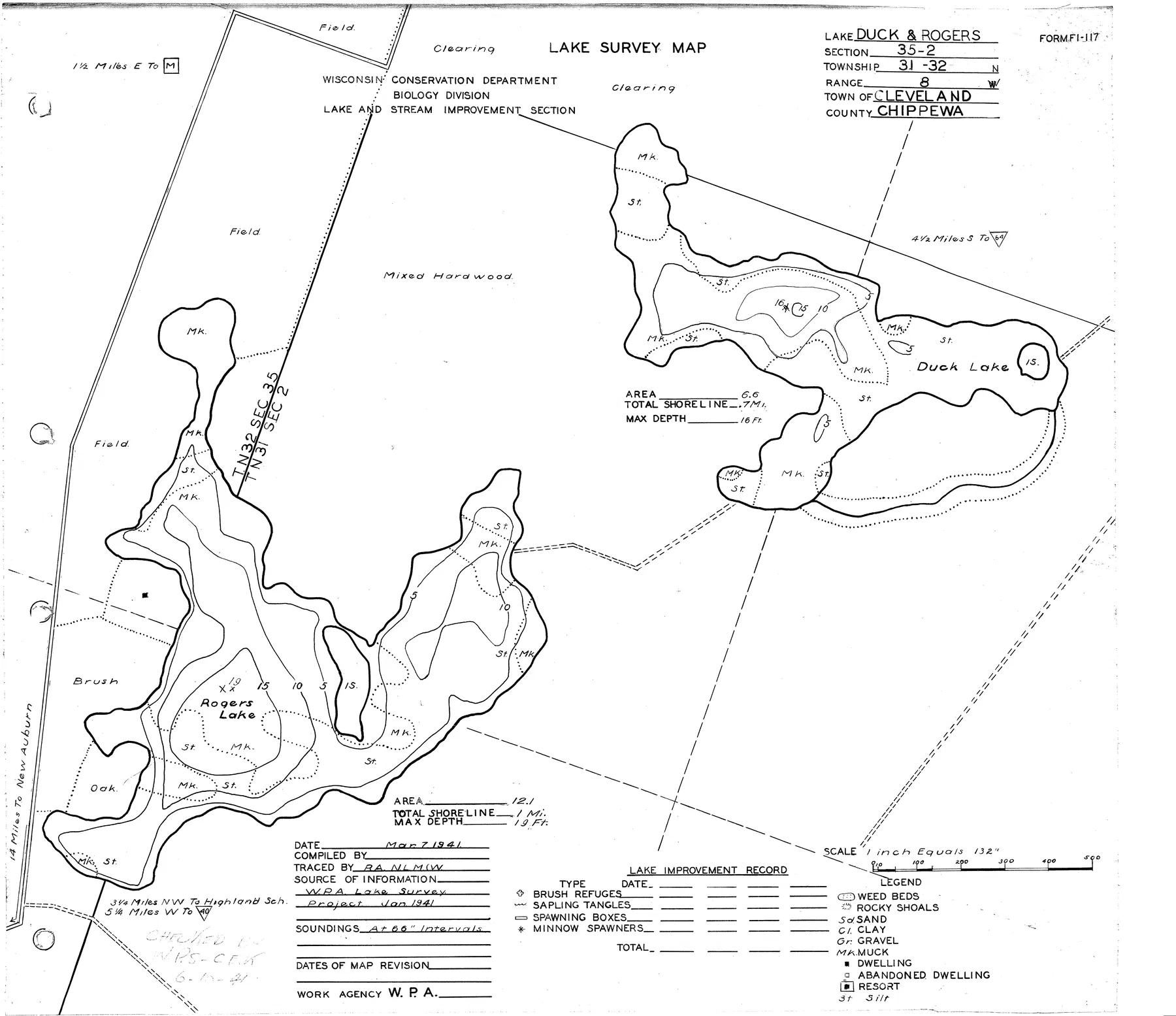 Roger Lake historical Wisconsin DNR depth map sheet 1