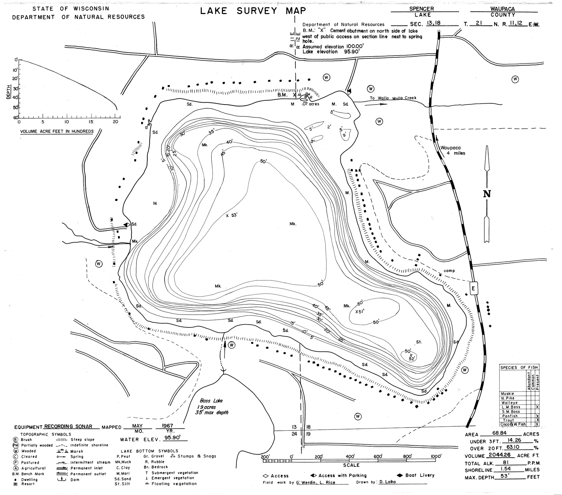 Spencer Lake historical Wisconsin DNR depth map sheet 1