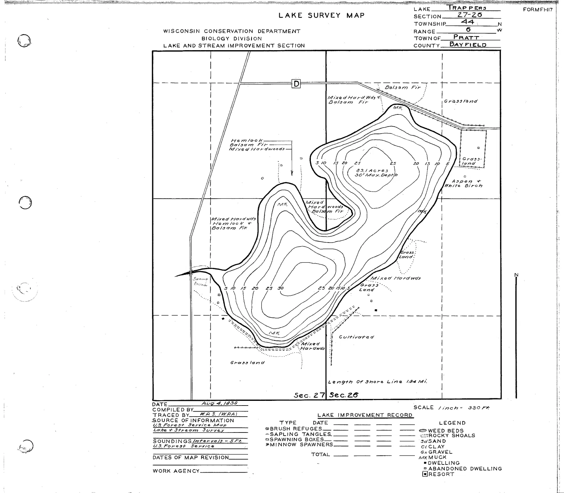 Trapper Lake historical Wisconsin DNR depth map sheet 1