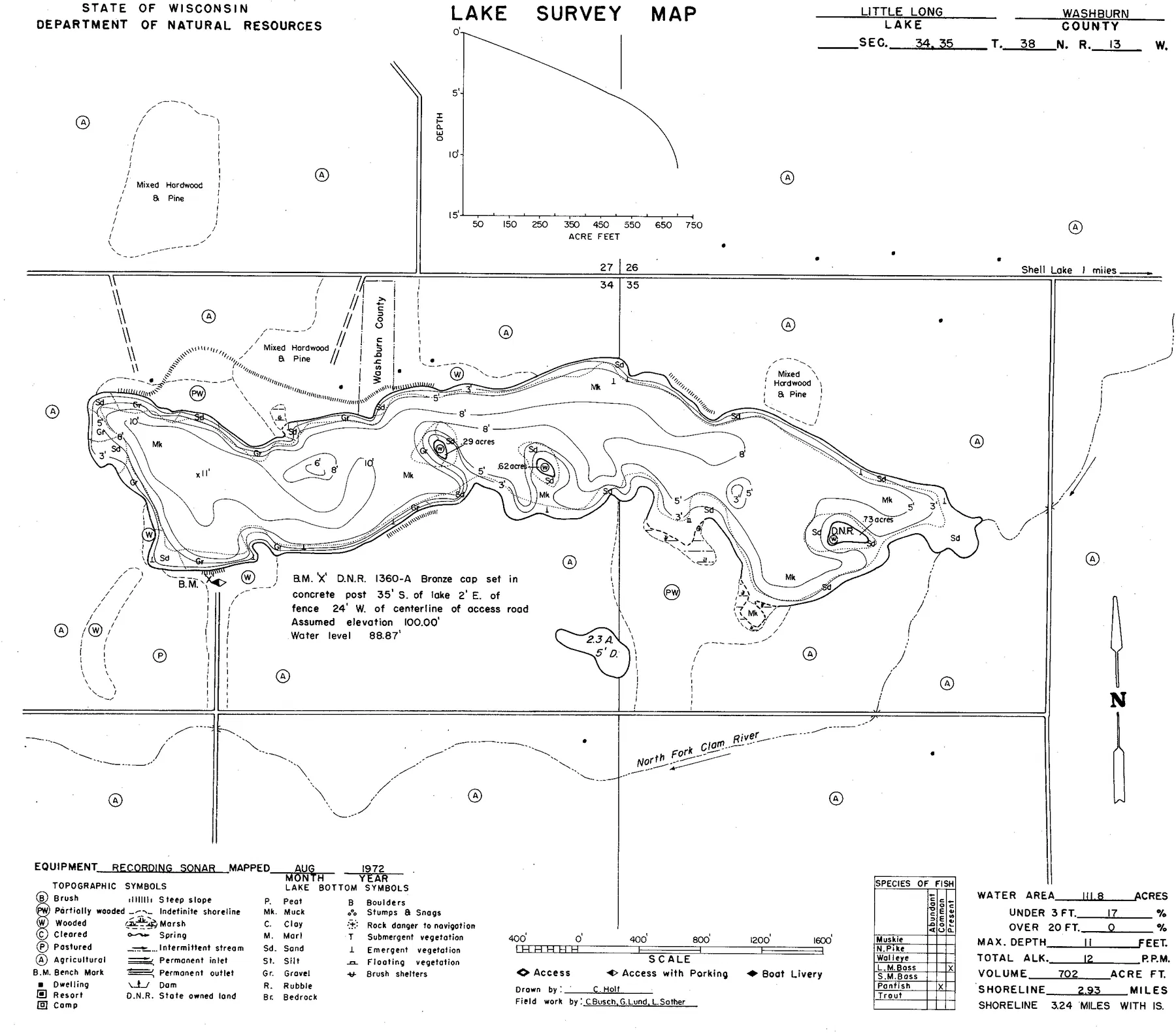 Long Lake historical Wisconsin DNR depth map sheet 1