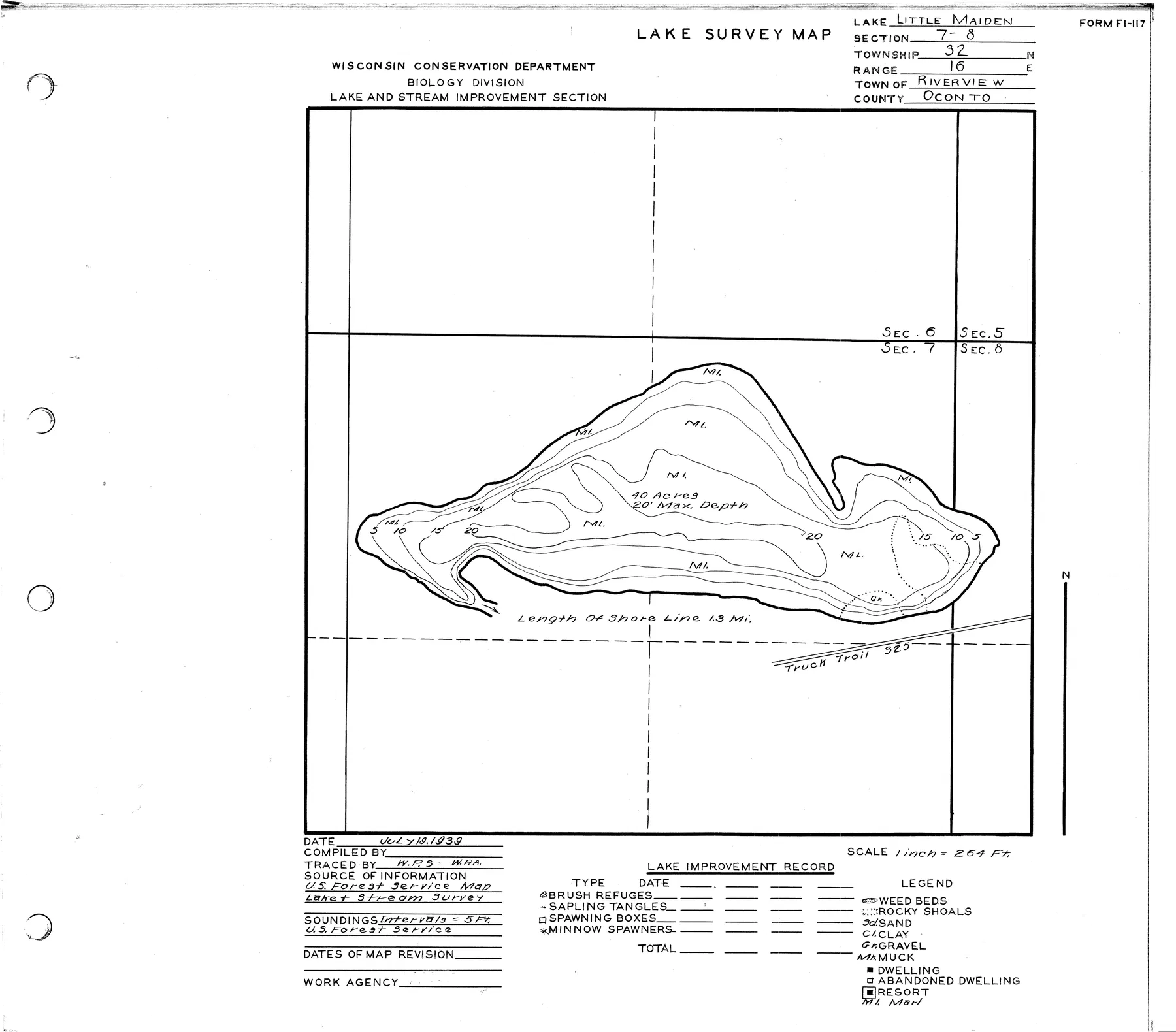 Little Maiden Lake historical Wisconsin DNR depth map sheet 1
