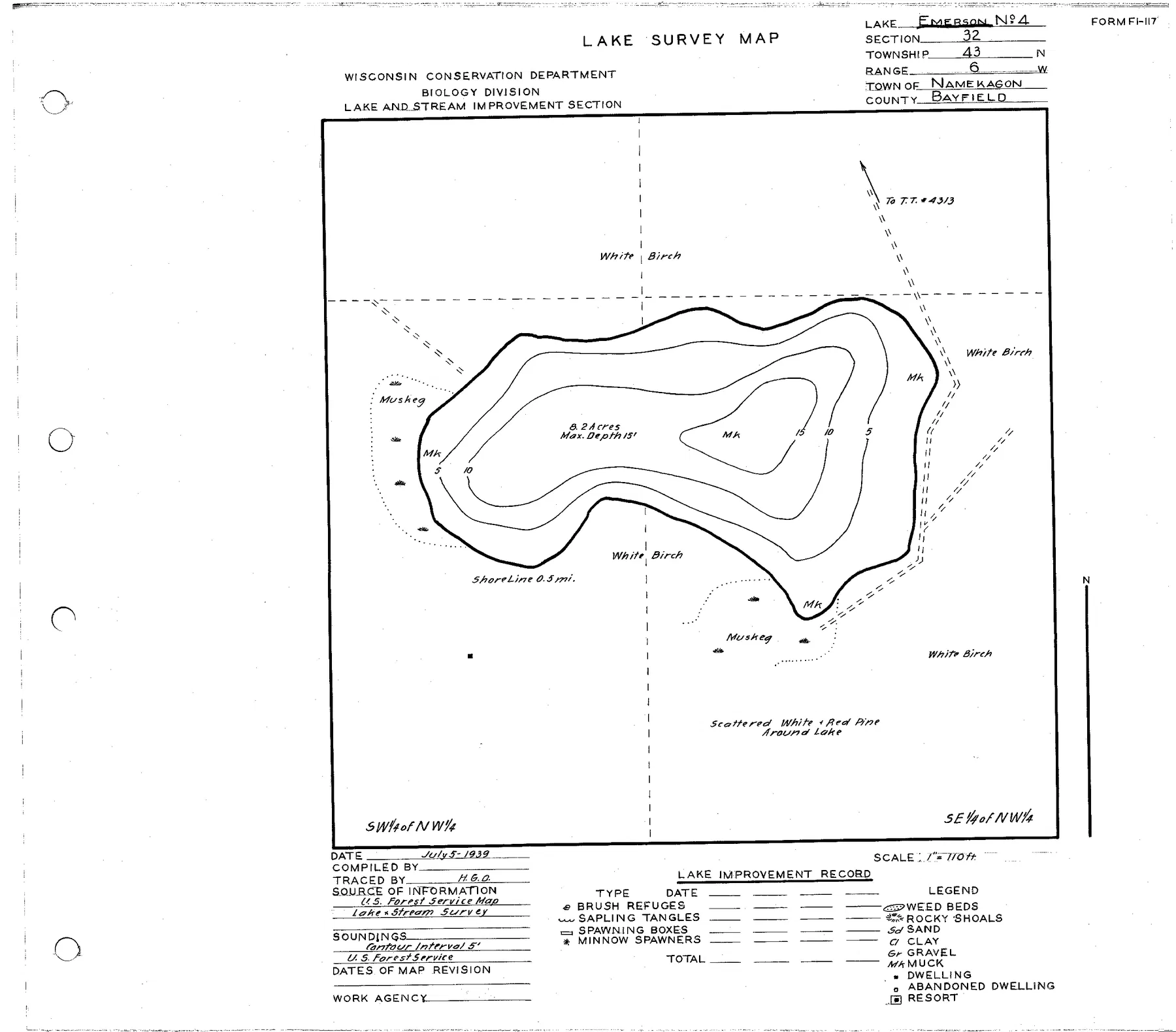 Emerson Lake historical Wisconsin DNR depth map sheet 1